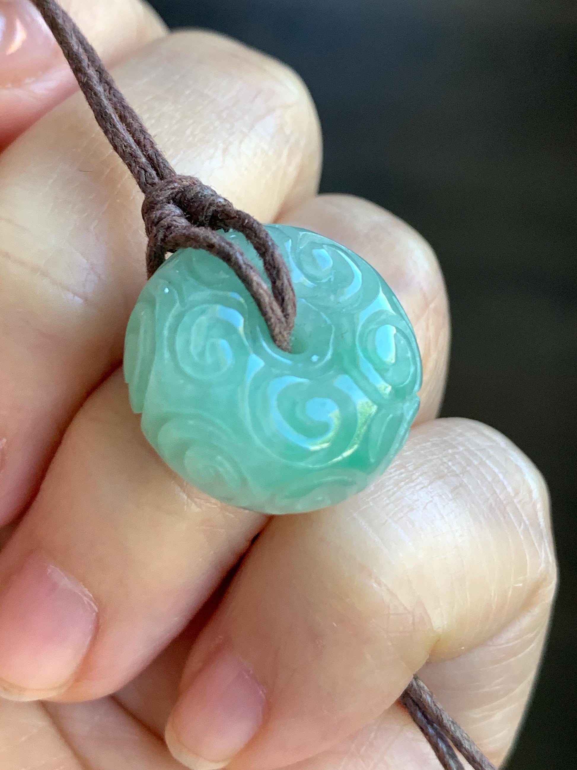 Natural Burmese Icy Translucent Light Green Jadeite Engraved Thick Ping An Kou Donut Pendant Rope Necklace 25" Adjustable 天然缅甸冰晴翡翠仿古雕平安扣吊坠 A