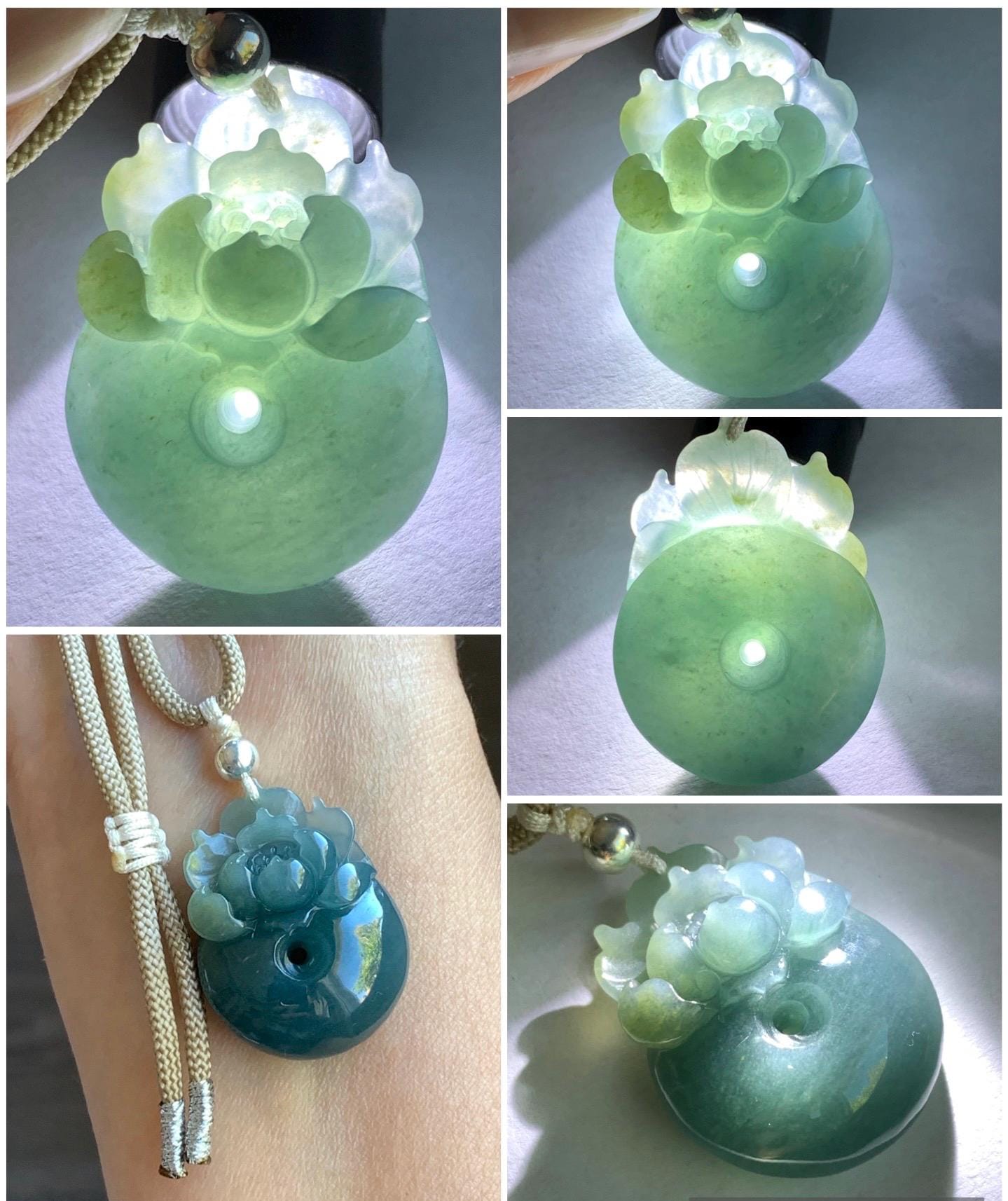 Certified Natural Guatemalan Icy Translucent Dark Teal Blue Jadeite Lotus Flower Ping An Kou Donut Pendant Rope Necklace 天然冰危深蓝翡翠莲花平安扣吊坠 022