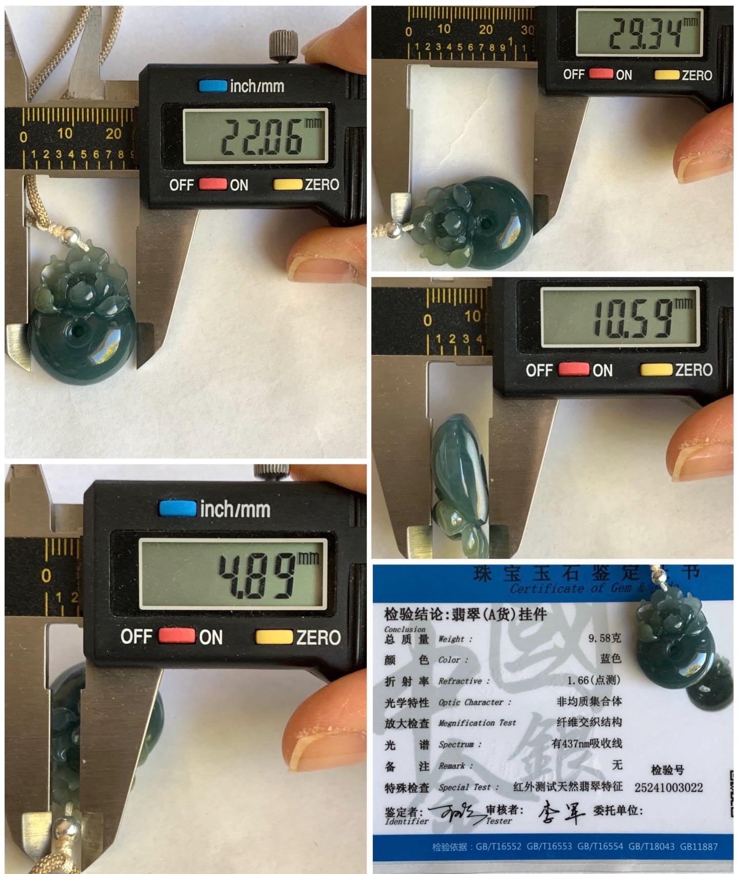 Certified Natural Guatemalan Icy Translucent Dark Teal Blue Jadeite Lotus Flower Ping An Kou Donut Pendant Rope Necklace 天然冰危深蓝翡翠莲花平安扣吊坠 022