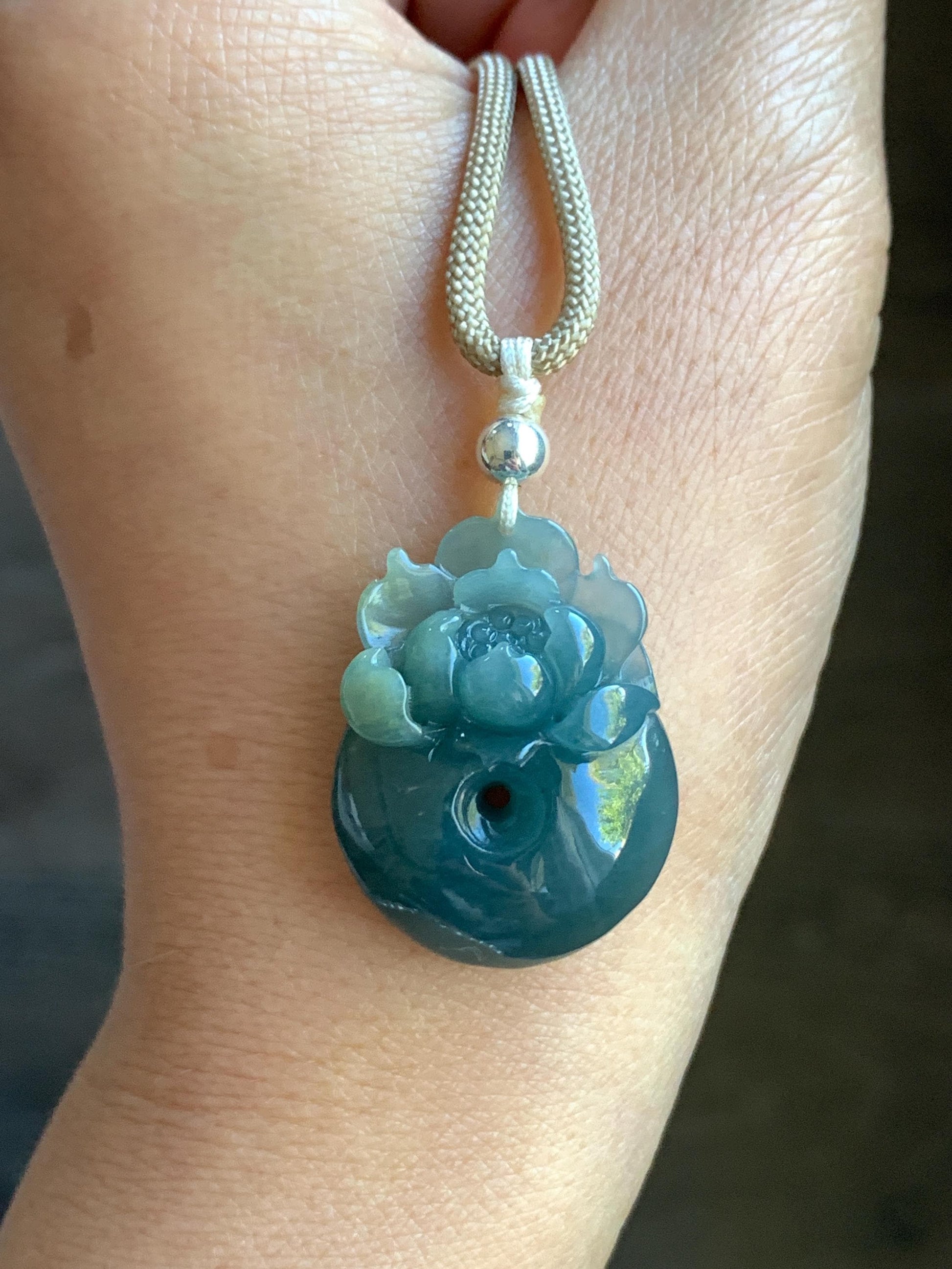 Certified Natural Guatemalan Icy Translucent Dark Teal Blue Jadeite Lotus Flower Ping An Kou Donut Pendant Rope Necklace 天然冰危深蓝翡翠莲花平安扣吊坠 022
