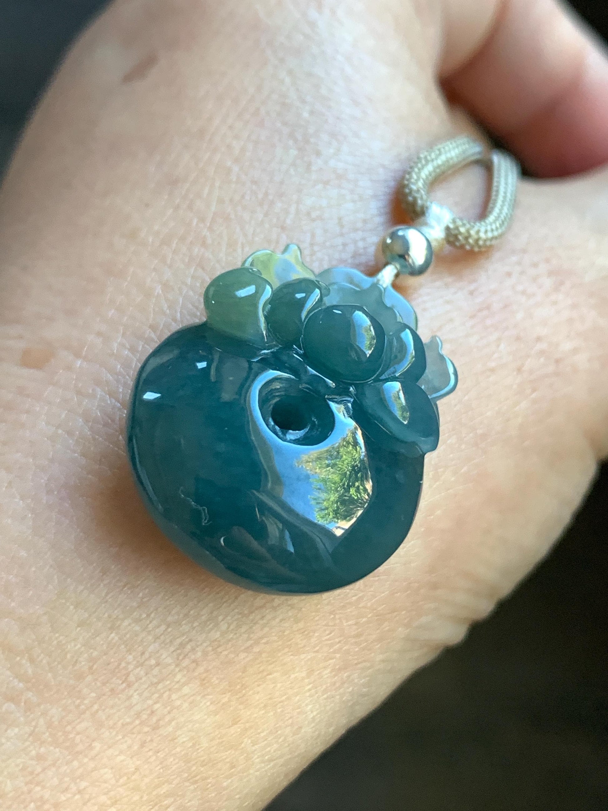Certified Natural Guatemalan Icy Translucent Dark Teal Blue Jadeite Lotus Flower Ping An Kou Donut Pendant Rope Necklace 天然冰危深蓝翡翠莲花平安扣吊坠 022