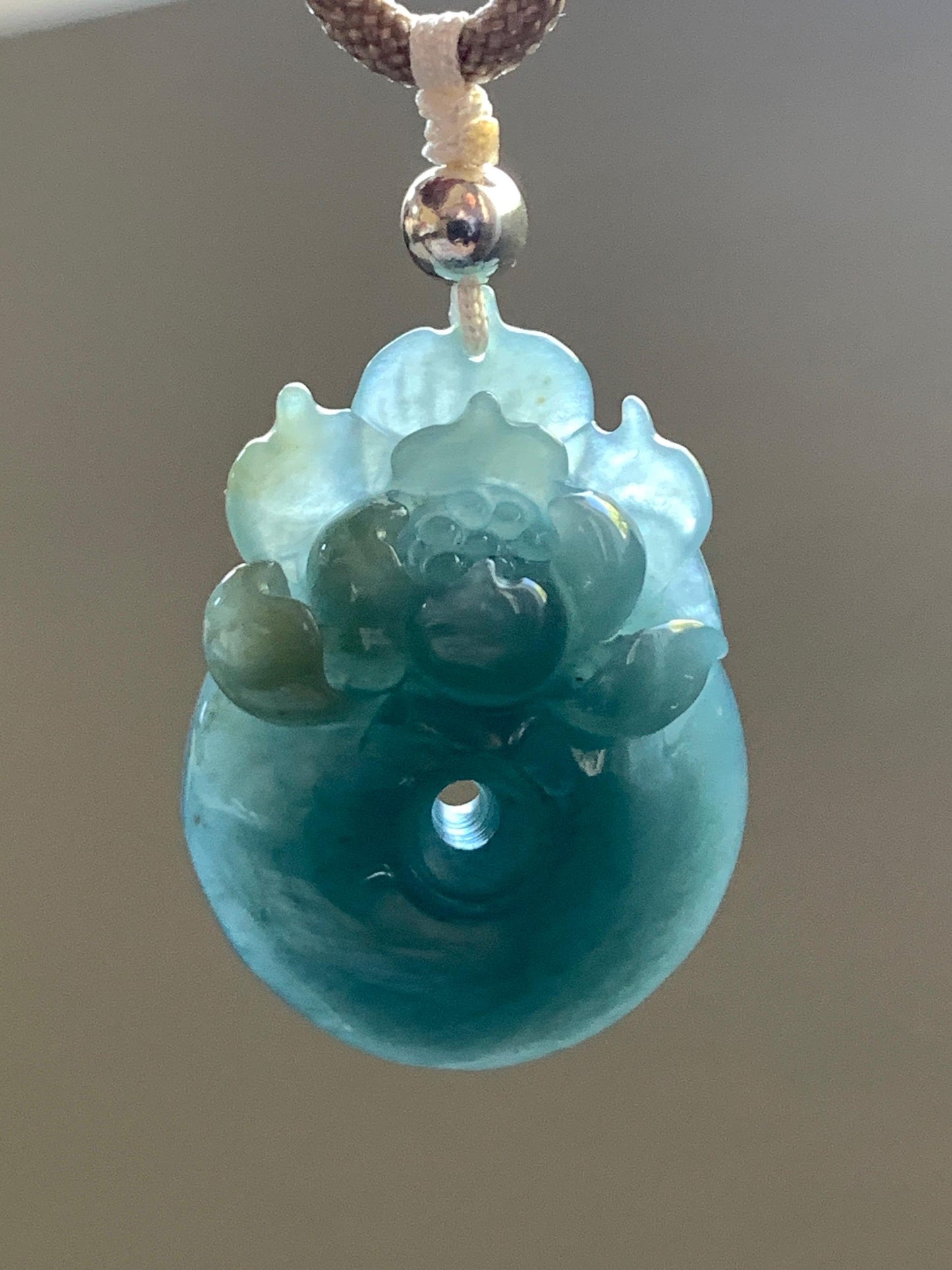 Certified Natural Guatemalan Icy Translucent Dark Teal Blue Jadeite Lotus Flower Ping An Kou Donut Pendant Rope Necklace 天然冰危深蓝翡翠莲花平安扣吊坠 022