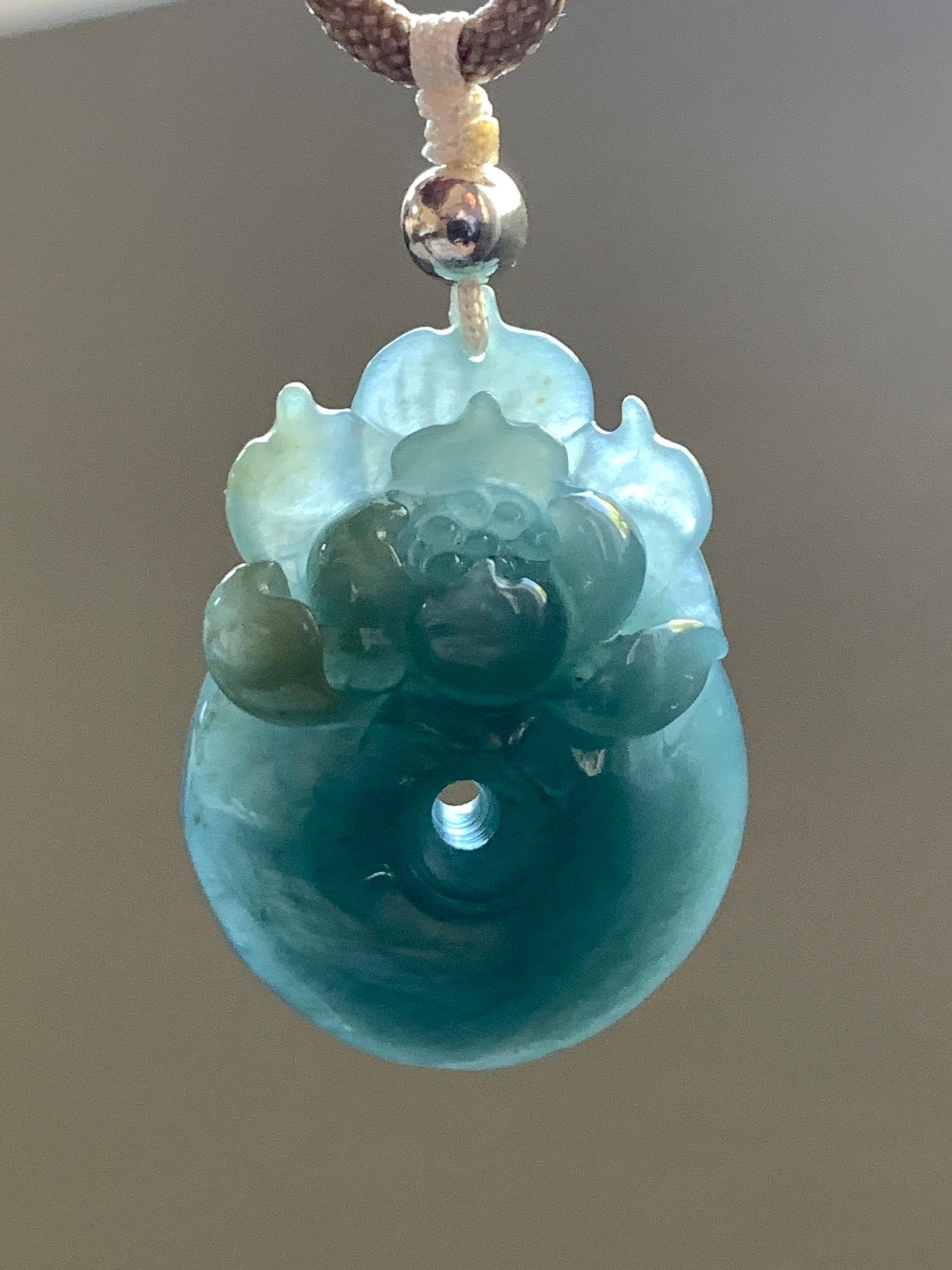 Certified Natural Guatemalan Icy Translucent Dark Teal Blue Jadeite Lotus Flower Ping An Kou Donut Pendant Rope Necklace 天然冰危深蓝翡翠莲花平安扣吊坠 022