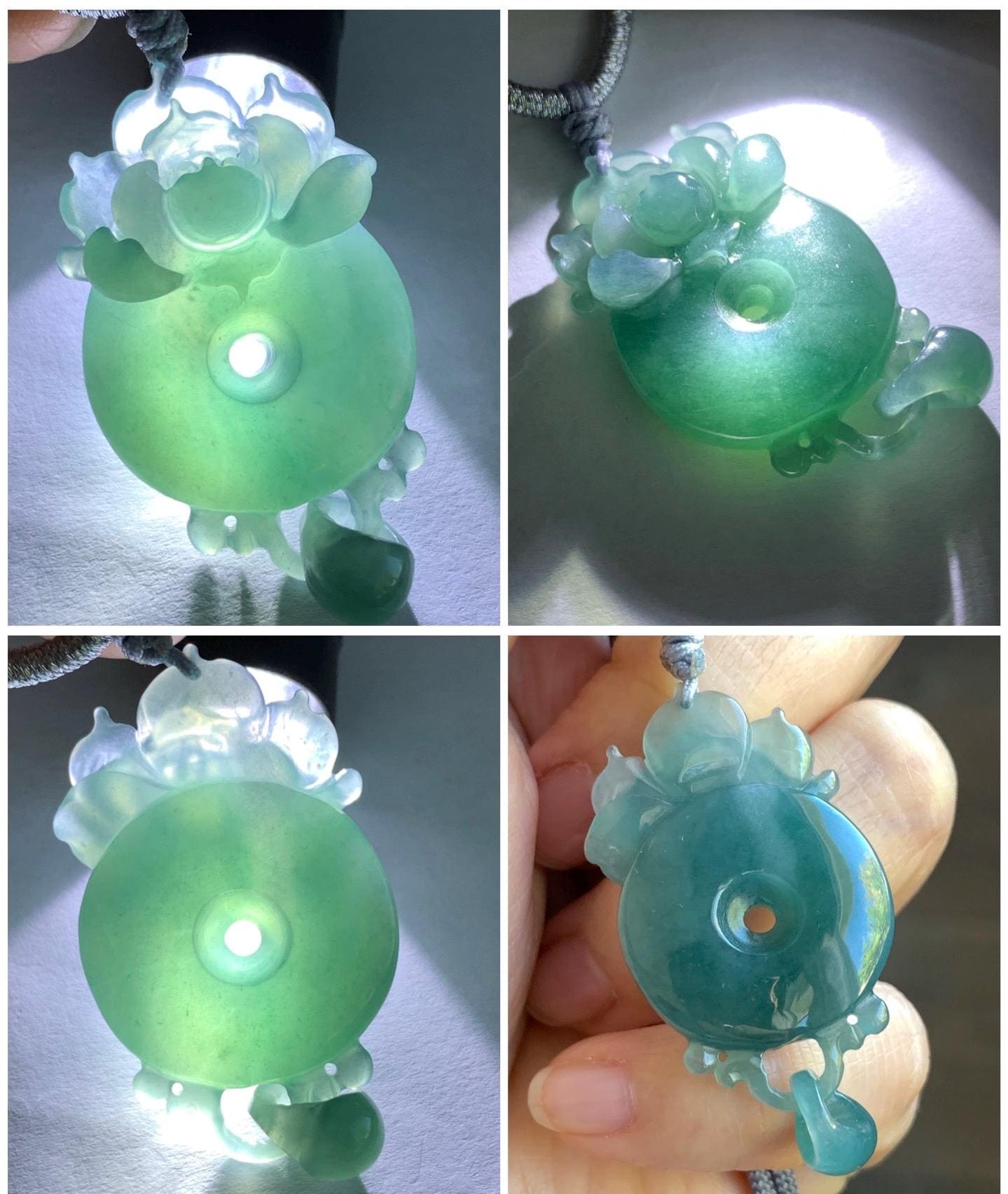 Certified Natural Guatemalan Icy Translucent Dark Teal Blue Jadeite Lotus Flower Ping An Kou Donut Pendant Rope Necklace 天然冰危深蓝翡翠莲花平安扣吊坠 021