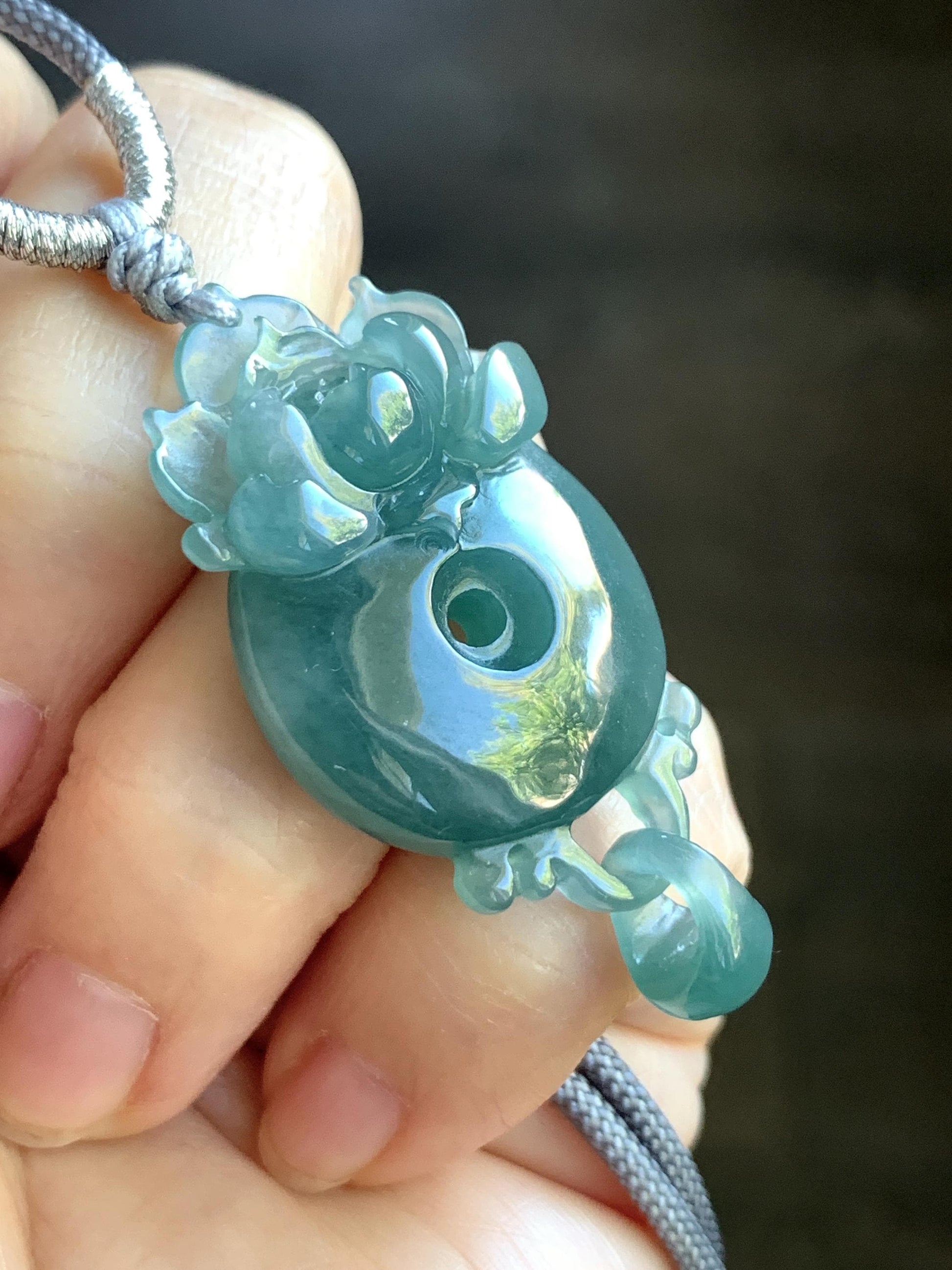 Certified Natural Guatemalan Icy Translucent Dark Teal Blue Jadeite Lotus Flower Ping An Kou Donut Pendant Rope Necklace 天然冰危深蓝翡翠莲花平安扣吊坠 021