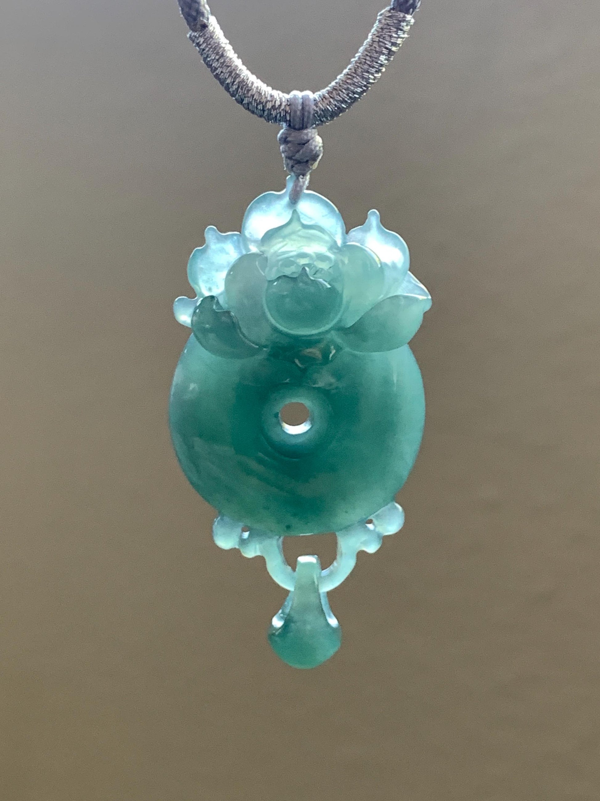 Certified Natural Guatemalan Icy Translucent Dark Teal Blue Jadeite Lotus Flower Ping An Kou Donut Pendant Rope Necklace 天然冰危深蓝翡翠莲花平安扣吊坠 021