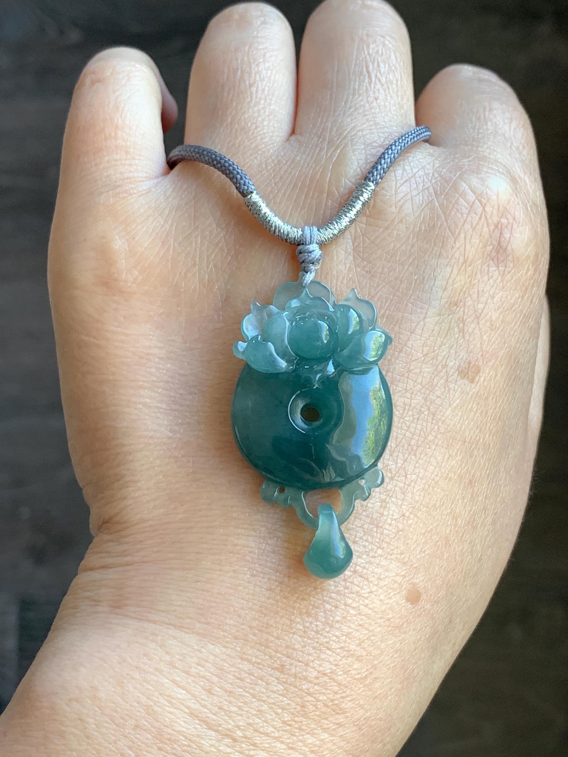 Certified Natural Guatemalan Icy Translucent Dark Teal Blue Jadeite Lotus Flower Ping An Kou Donut Pendant Rope Necklace 天然冰危深蓝翡翠莲花平安扣吊坠 021