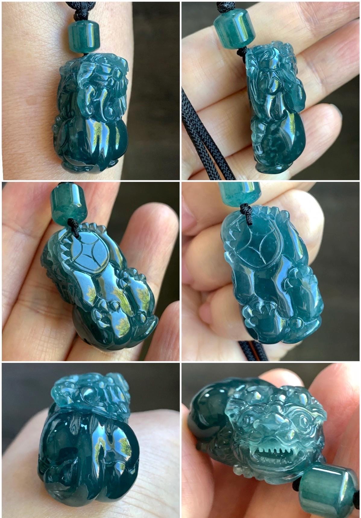 Natural Guatemalan Icy Translucent & Gelatinous Dark Teal Blue Jadeite Pixiu Pendant Rope Necklace 26" 21g 天然老种冰危深蓝水翡翠貔貅吊坠挂件