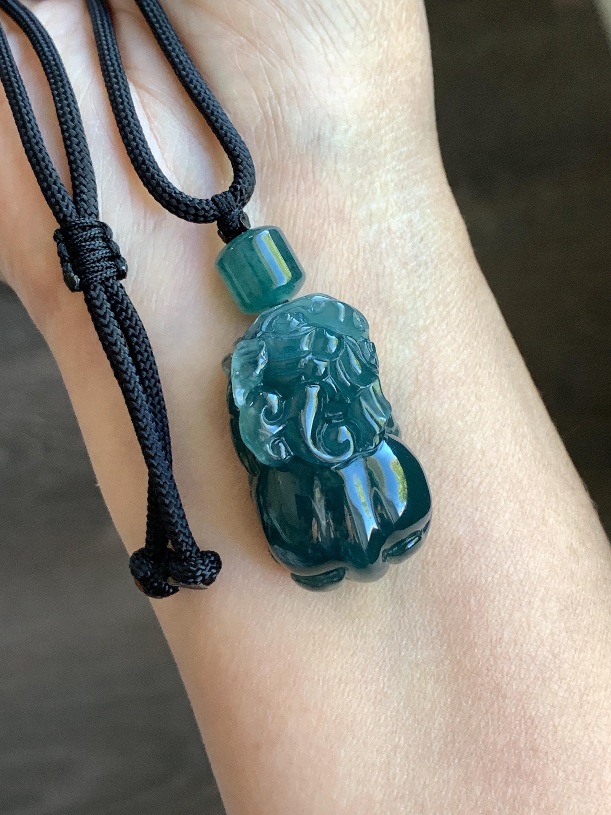 Natural Guatemalan Icy Translucent & Gelatinous Dark Teal Blue Jadeite Pixiu Pendant Rope Necklace 26" 21g 天然老种冰危深蓝水翡翠貔貅吊坠挂件