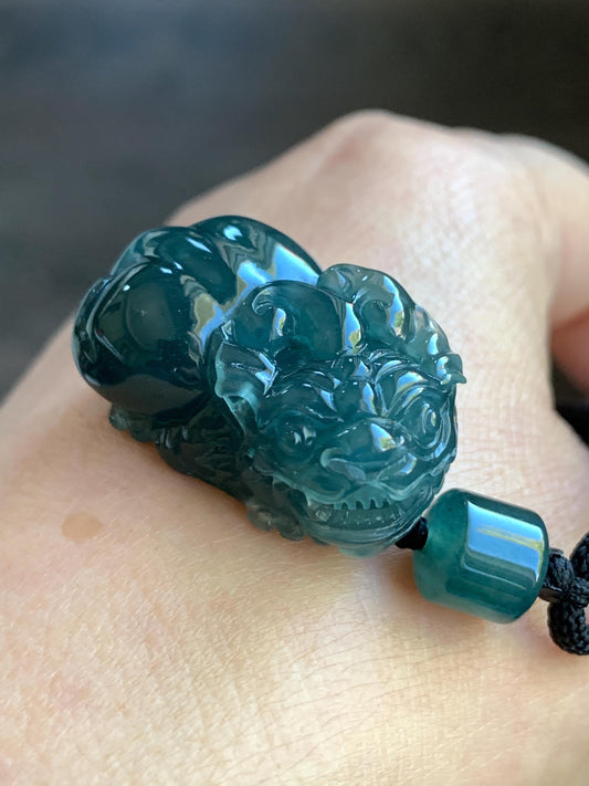 Natural Guatemalan Icy Translucent & Gelatinous Dark Teal Blue Jadeite Pixiu Pendant Rope Necklace 26" 21g 天然老种冰危深蓝水翡翠貔貅吊坠挂件
