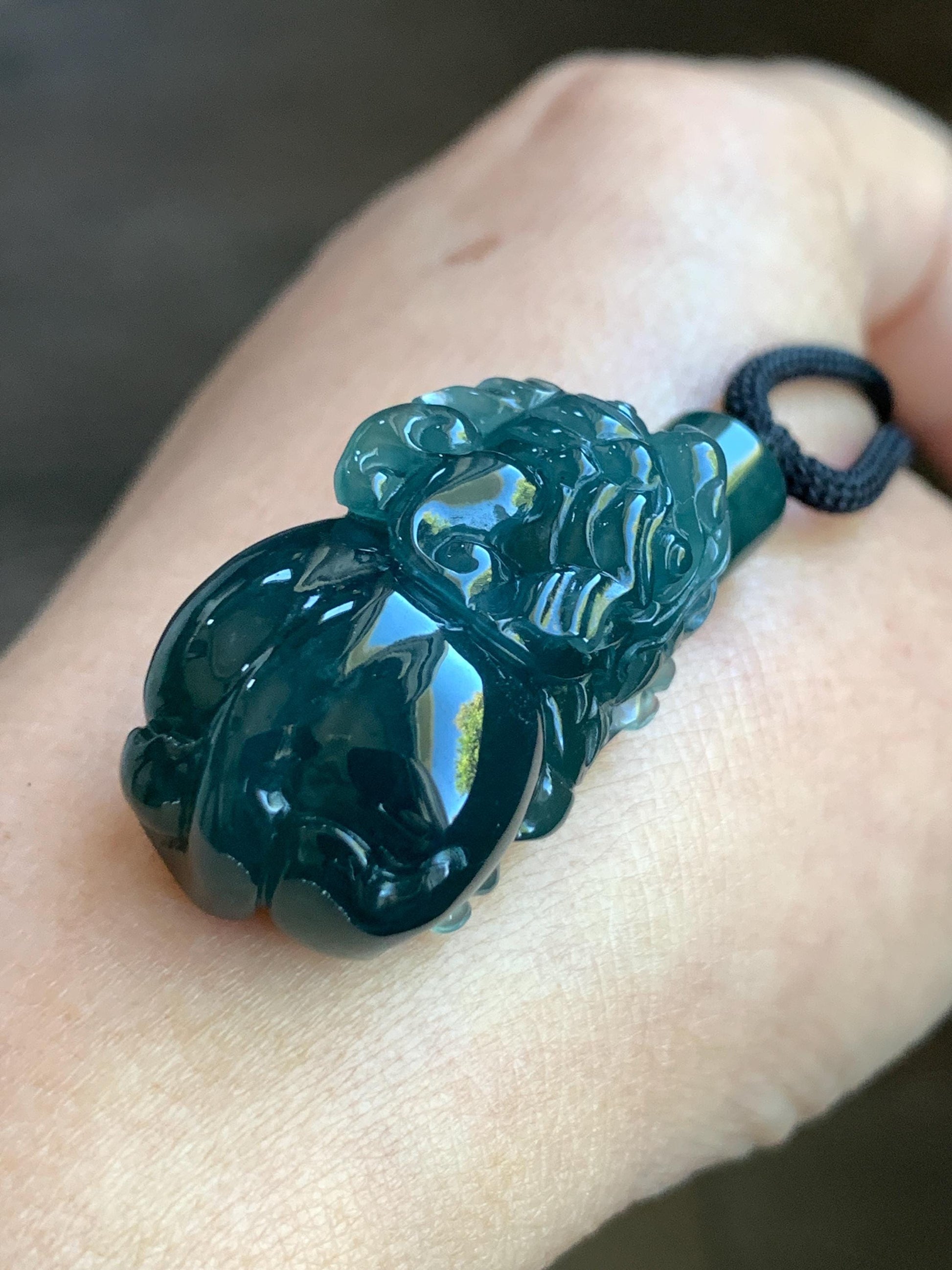 Natural Guatemalan Icy Translucent & Gelatinous Dark Teal Blue Jadeite Pixiu Pendant Rope Necklace 26" 21g 天然老种冰危深蓝水翡翠貔貅吊坠挂件