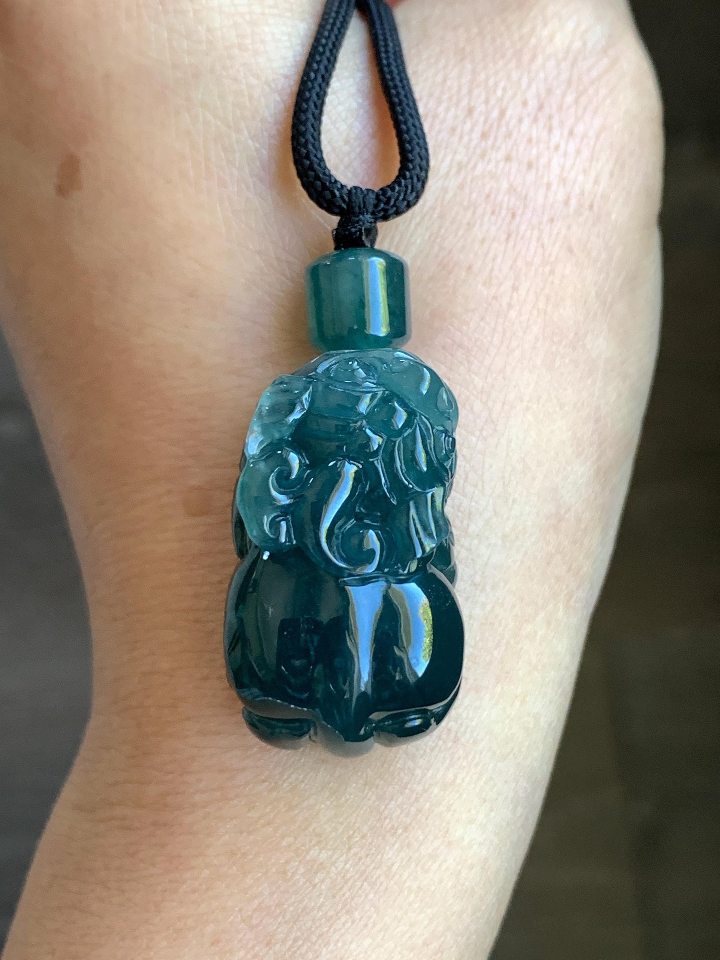 Natural Guatemalan Icy Translucent & Gelatinous Dark Teal Blue Jadeite Pixiu Pendant Rope Necklace 26" 21g 天然老种冰危深蓝水翡翠貔貅吊坠挂件