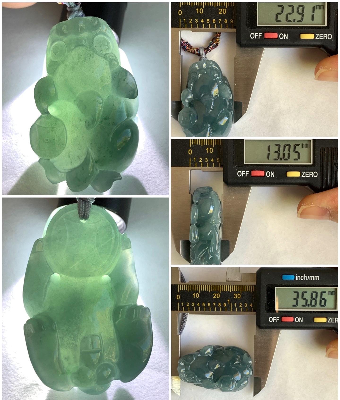 Natural Guatemalan Old Mine Icy Translucent Gelatinous Dusty Teal Blue Jadeite Pixiu Pendant Rope Necklace 26" 23g 天然老种冰危蓝灰翡翠貔貅吊坠挂件