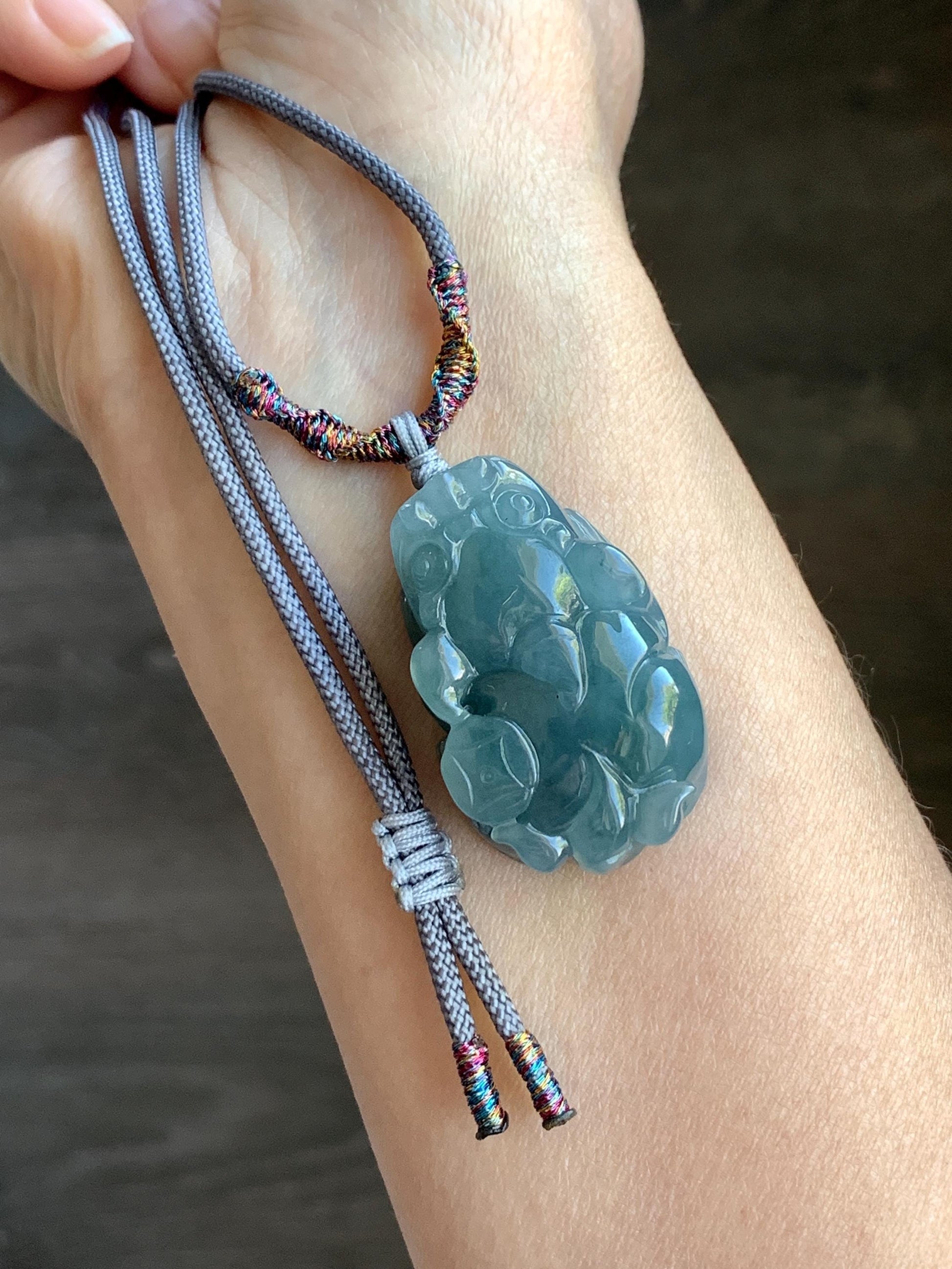 Natural Guatemalan Old Mine Icy Translucent Gelatinous Dusty Teal Blue Jadeite Pixiu Pendant Rope Necklace 26" 23g 天然老种冰危蓝灰翡翠貔貅吊坠挂件