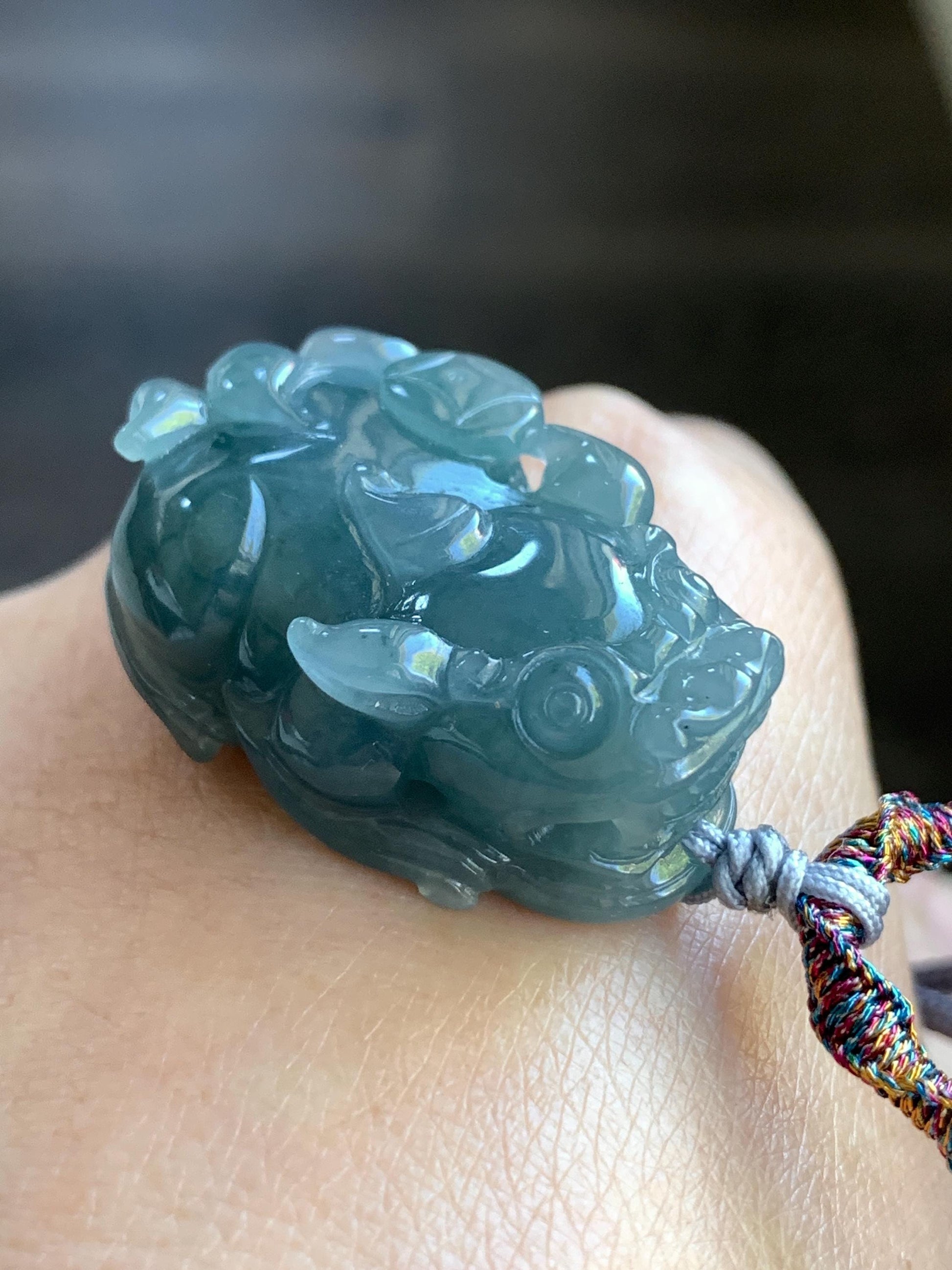 Natural Guatemalan Old Mine Icy Translucent Gelatinous Dusty Teal Blue Jadeite Pixiu Pendant Rope Necklace 26" 23g 天然老种冰危蓝灰翡翠貔貅吊坠挂件