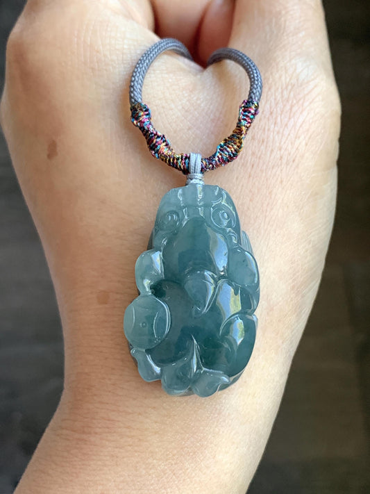 Natural Guatemalan Old Mine Icy Translucent Gelatinous Dusty Teal Blue Jadeite Pixiu Pendant Rope Necklace 26" 23g 天然老种冰危蓝灰翡翠貔貅吊坠挂件