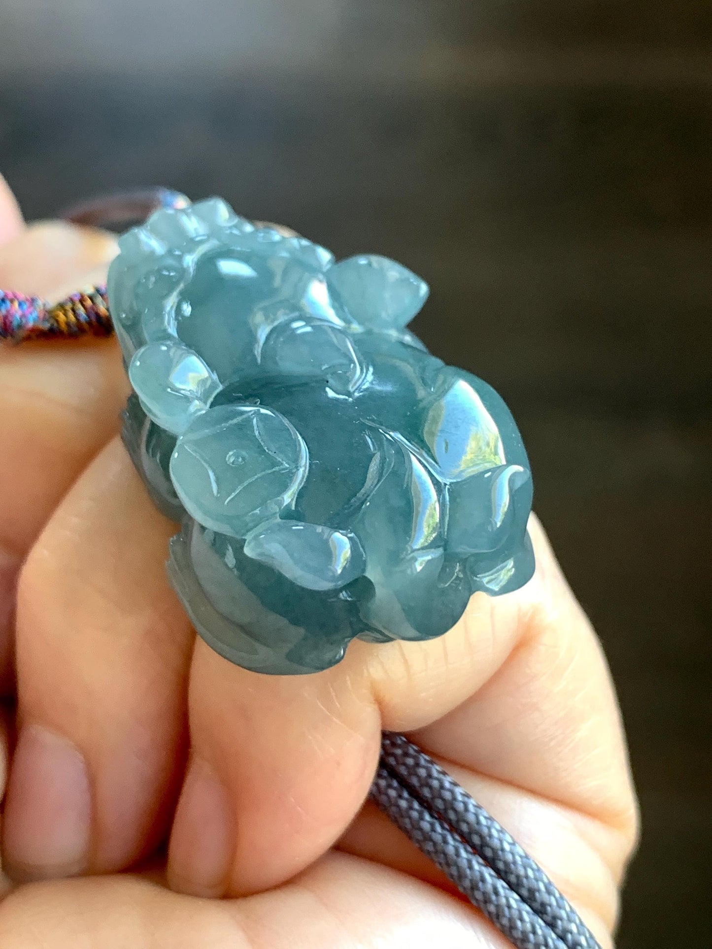 Natural Guatemalan Old Mine Icy Translucent Gelatinous Dusty Teal Blue Jadeite Pixiu Pendant Rope Necklace 26" 23g 天然老种冰危蓝灰翡翠貔貅吊坠挂件