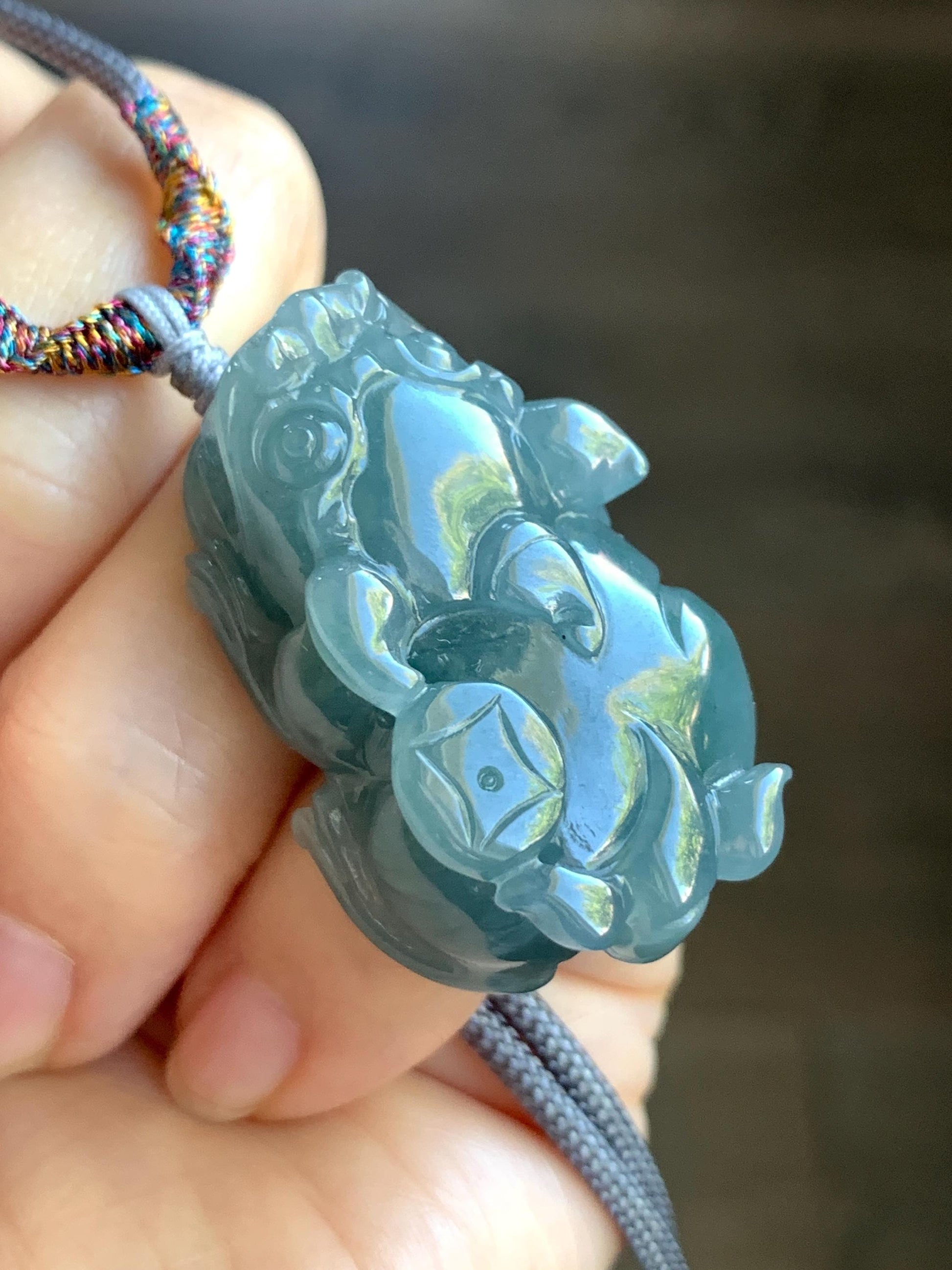 Natural Guatemalan Old Mine Icy Translucent Gelatinous Dusty Teal Blue Jadeite Pixiu Pendant Rope Necklace 26" 23g 天然老种冰危蓝灰翡翠貔貅吊坠挂件