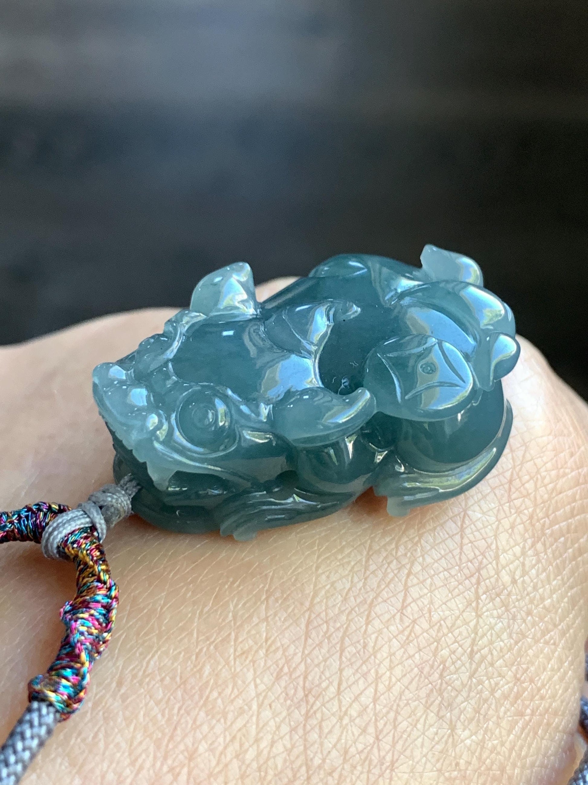Natural Guatemalan Old Mine Icy Translucent Gelatinous Dusty Teal Blue Jadeite Pixiu Pendant Rope Necklace 26" 23g 天然老种冰危蓝灰翡翠貔貅吊坠挂件