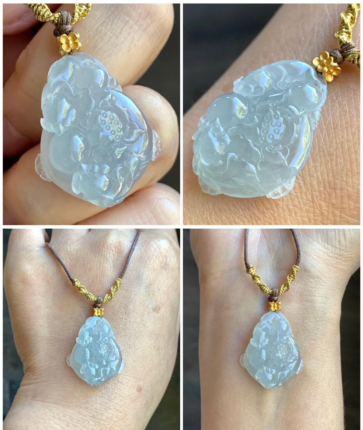 Natural Burmese Premium Icy Translucent Jadeite Lotus Flower Goldfish Ping An Kou Donut Necklace Sterling Silver 8g 天然缅甸老种白冰胶起光翡翠莲花鱼平安扣吊坠