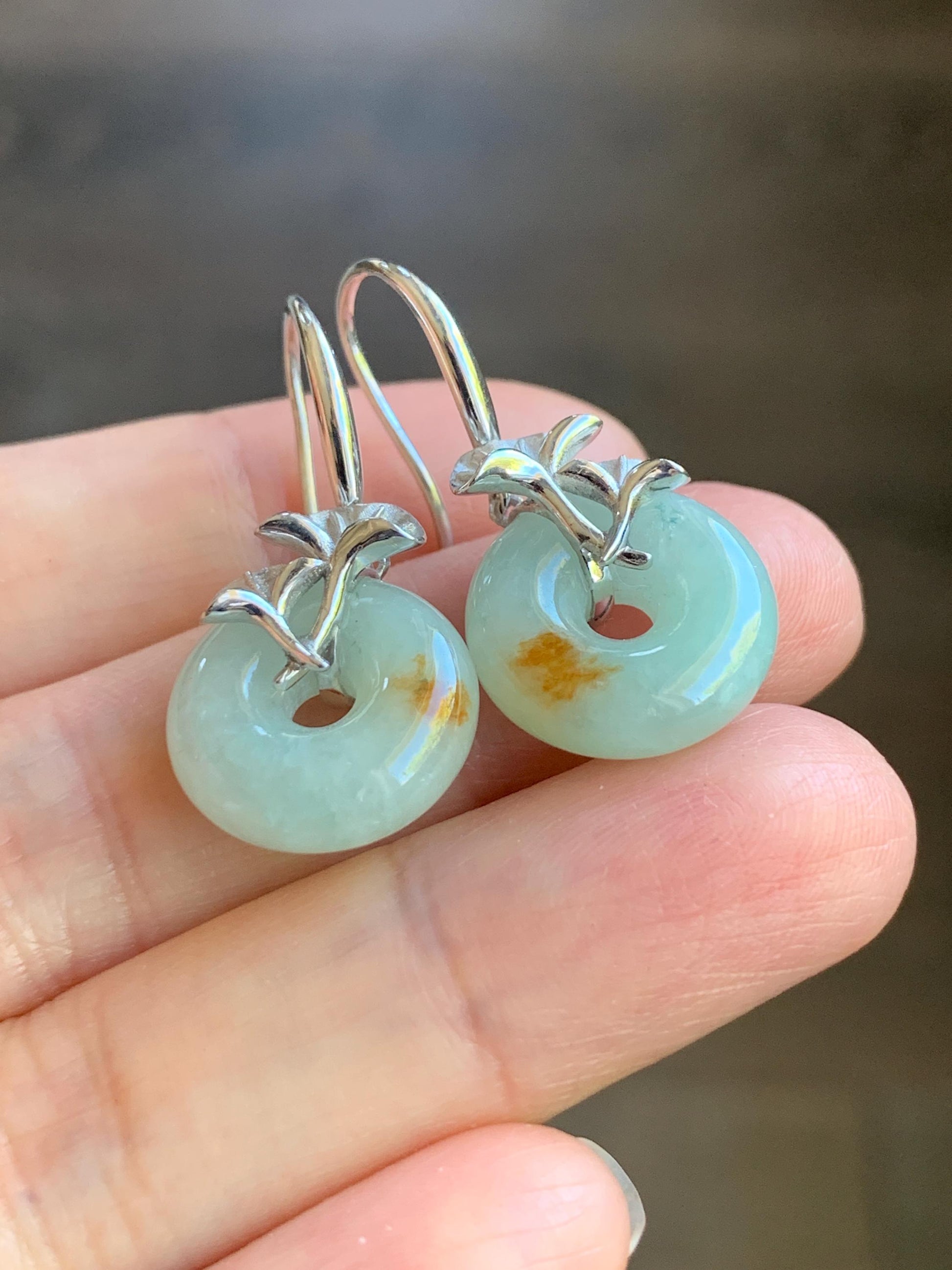 Certified Natural Burmese Icy Light Green Golden Marbled Jadeite Ping An Kou Donut Dangle Earrings Sterling Silver 天然缅甸冰晴撒金翡翠平安扣银杏叶银镶耳钩 3046