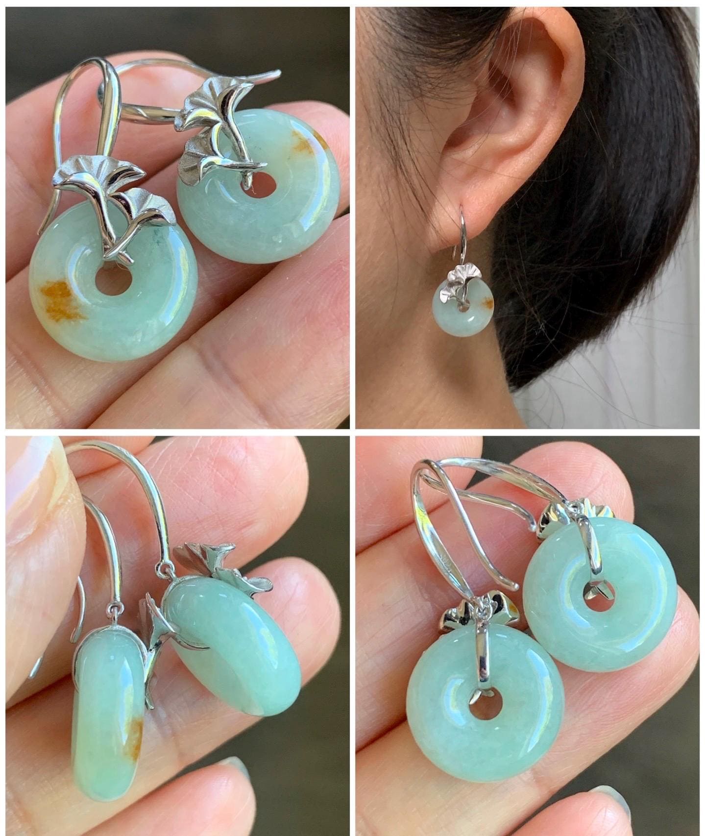 Certified Natural Burmese Icy Light Green Golden Marbled Jadeite Ping An Kou Donut Dangle Earrings Sterling Silver 天然缅甸冰晴撒金翡翠平安扣银杏叶银镶耳钩 3046