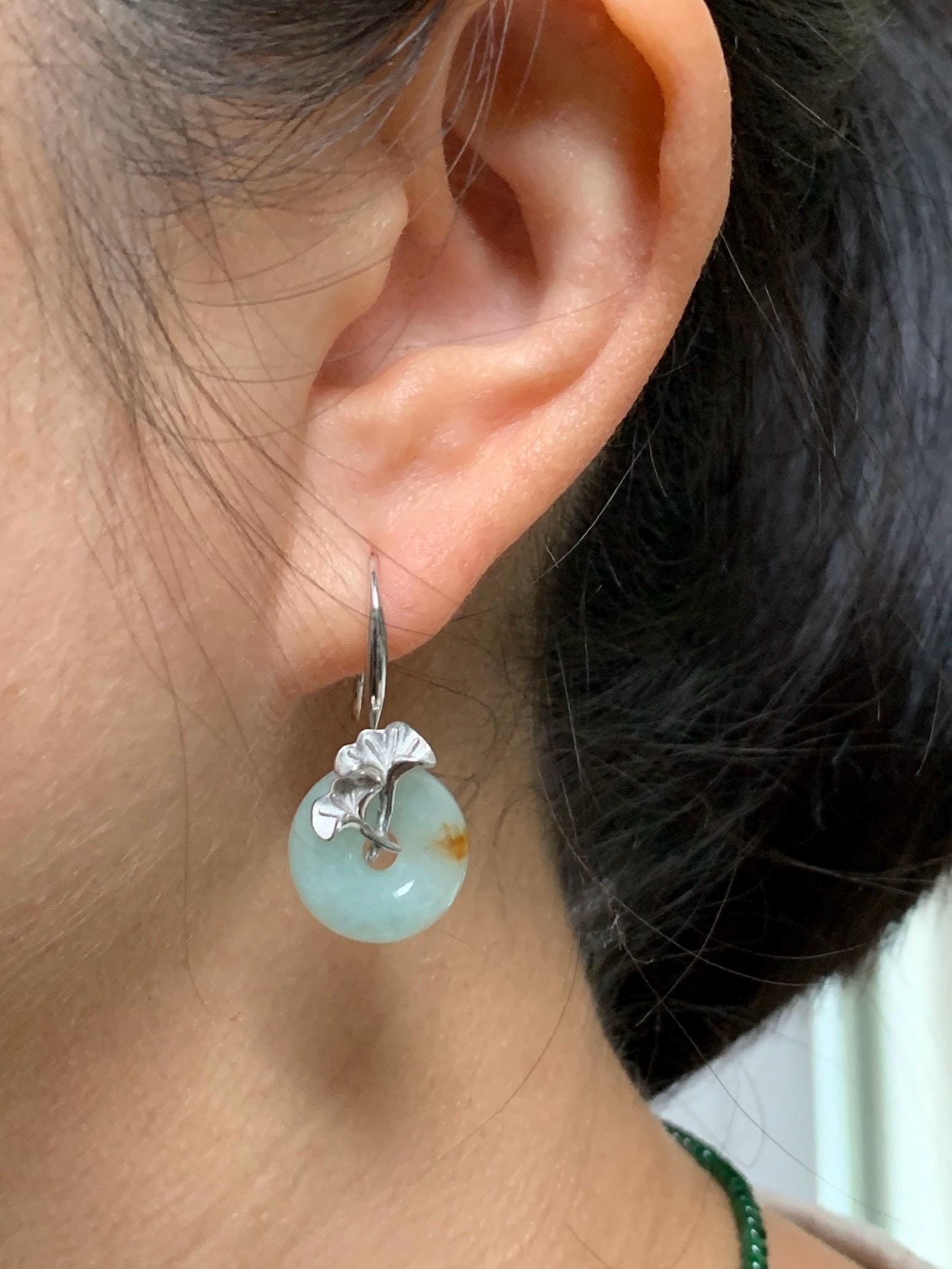 Certified Natural Burmese Icy Light Green Golden Marbled Jadeite Ping An Kou Donut Dangle Earrings Sterling Silver 天然缅甸冰晴撒金翡翠平安扣银杏叶银镶耳钩 3046