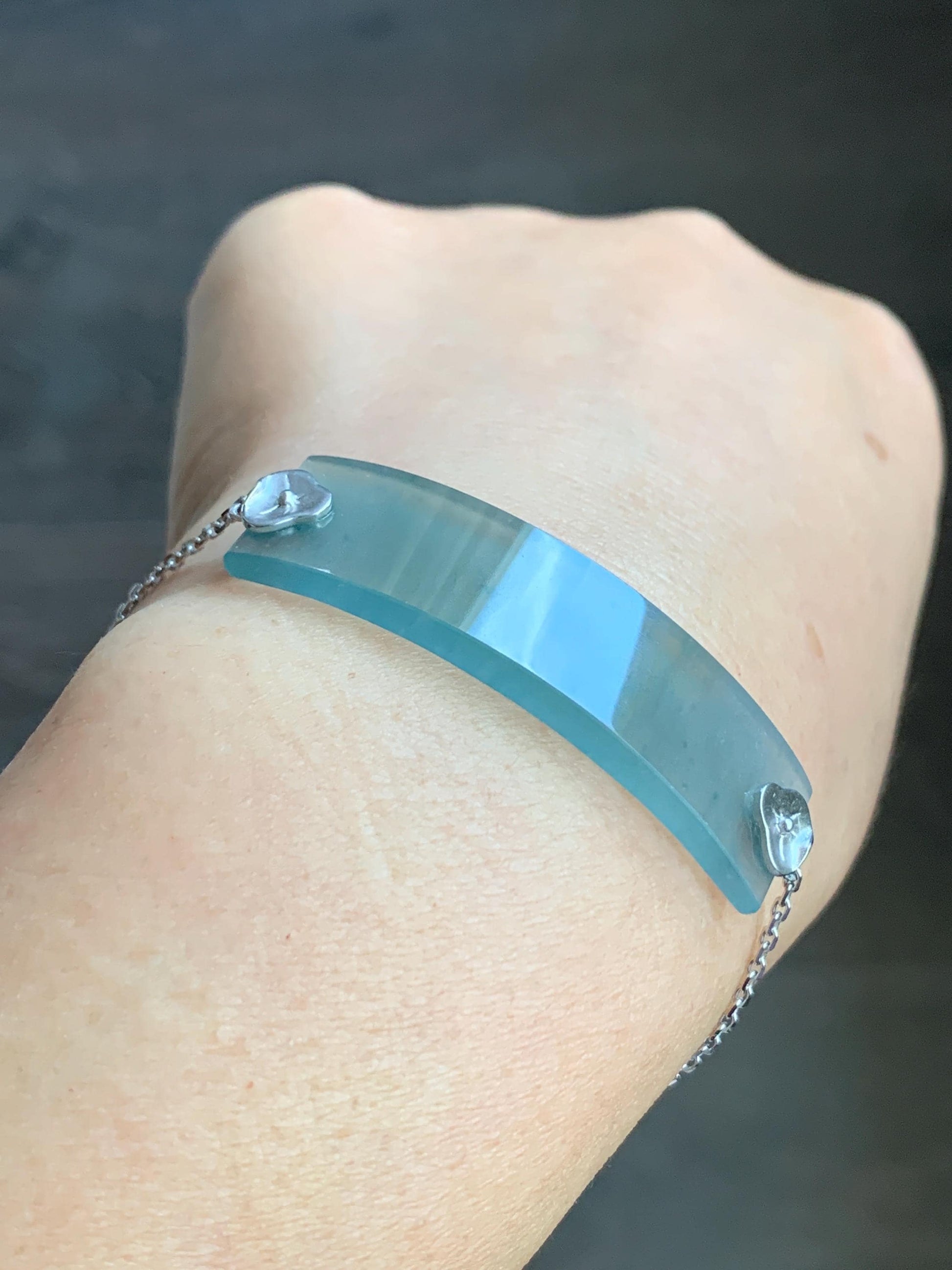 Certified Natural Guatemalan Icy Highly Translucent Dusty Blue Jadeite Cuff Chain Bracelet 18K White Gold 6.25”-7” 7.62g 天然冰危蓝翡翠素手牌镶嵌手链 3044