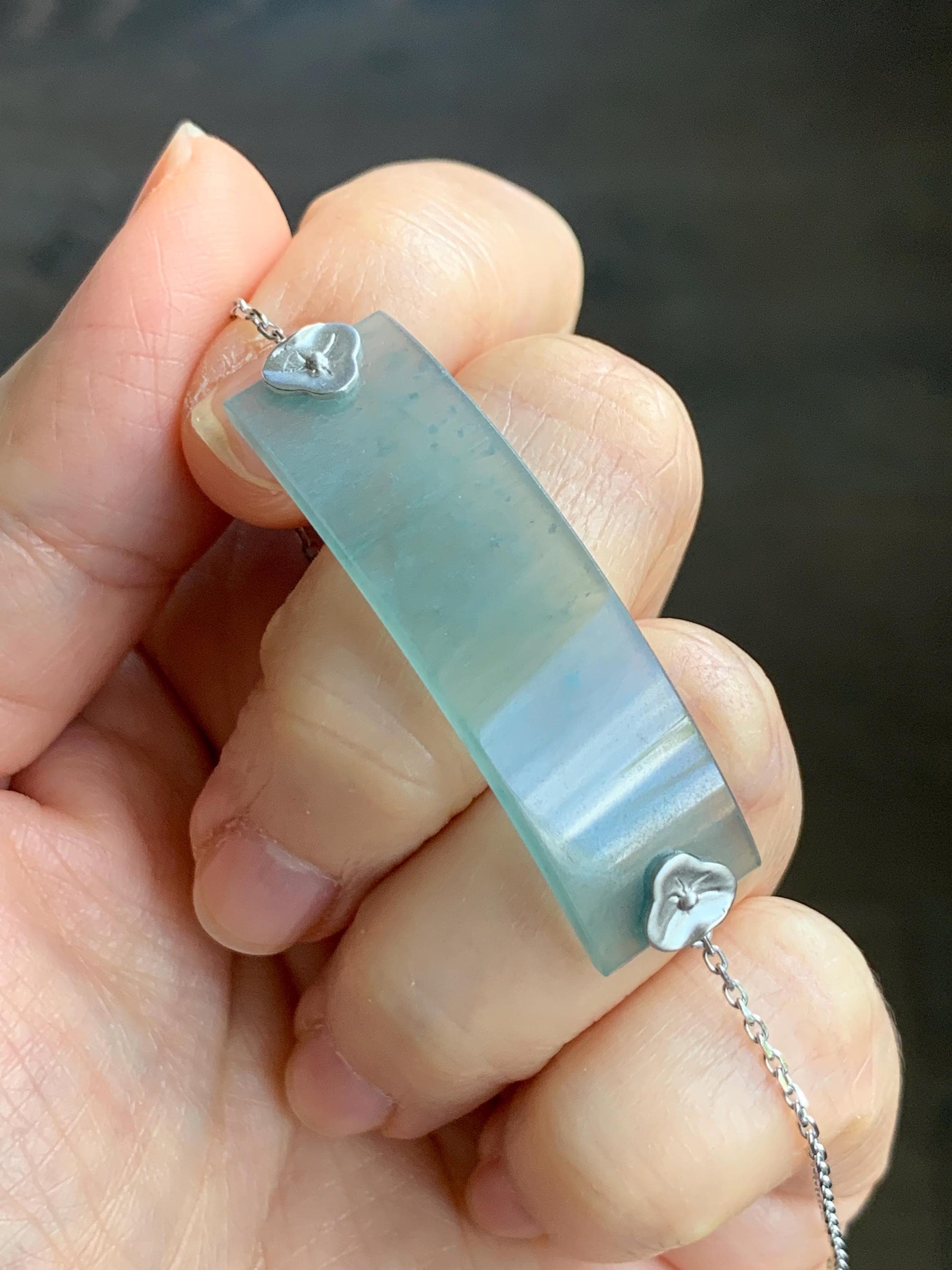 Certified Natural Guatemalan Icy Highly Translucent Dusty Blue Jadeite Cuff Chain Bracelet 18K White Gold 6.25”-7” 7.62g 天然冰危蓝翡翠素手牌镶嵌手链 3044