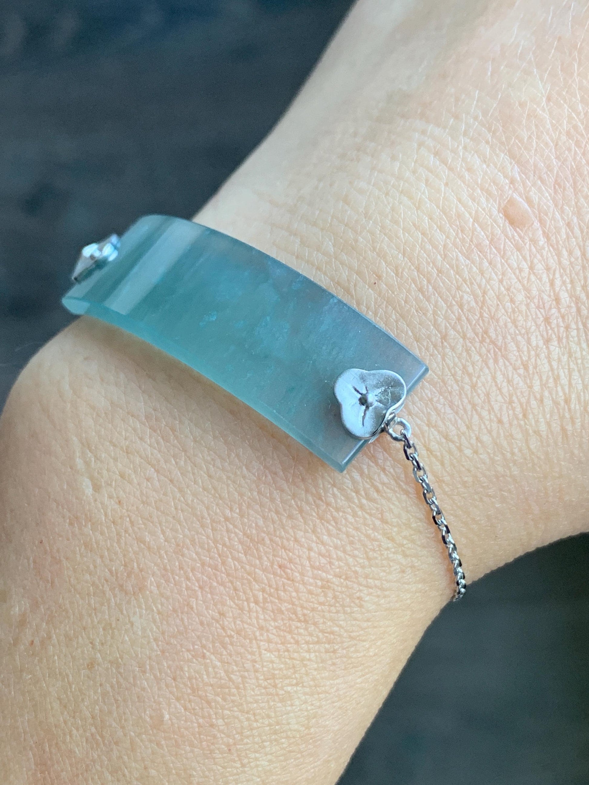 Certified Natural Guatemalan Icy Highly Translucent Dusty Blue Jadeite Cuff Chain Bracelet 18K White Gold 6.25”-7” 7.62g 天然冰危蓝翡翠素手牌镶嵌手链 3044