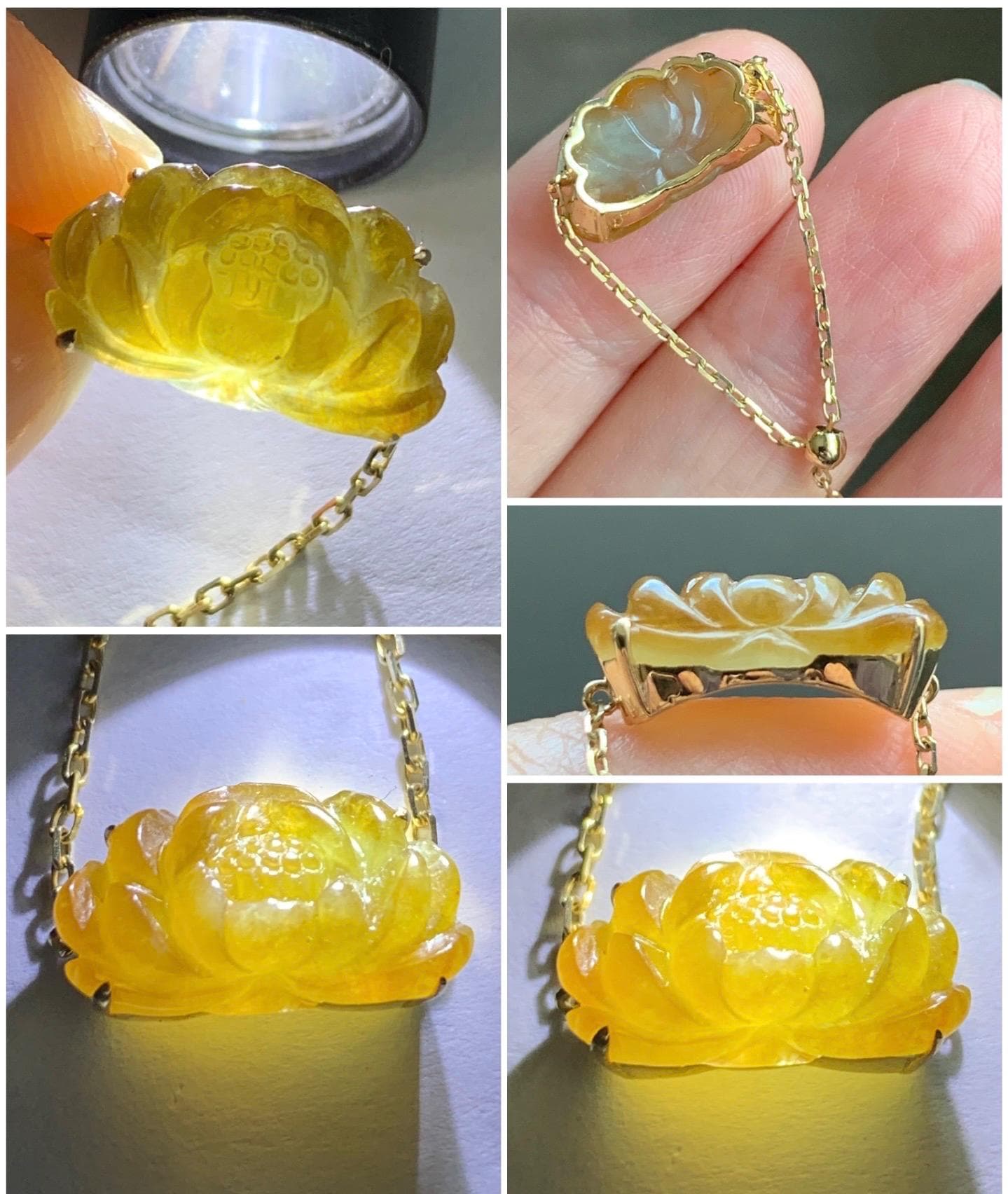 Certified Natural Burmese Icy Highly Translucent Golden Yellow Jadeite Lotus Flower Chain Ring 18K Yellow Gold Adjustable 天然缅甸冰黄翡翠莲花镶嵌戒指 042