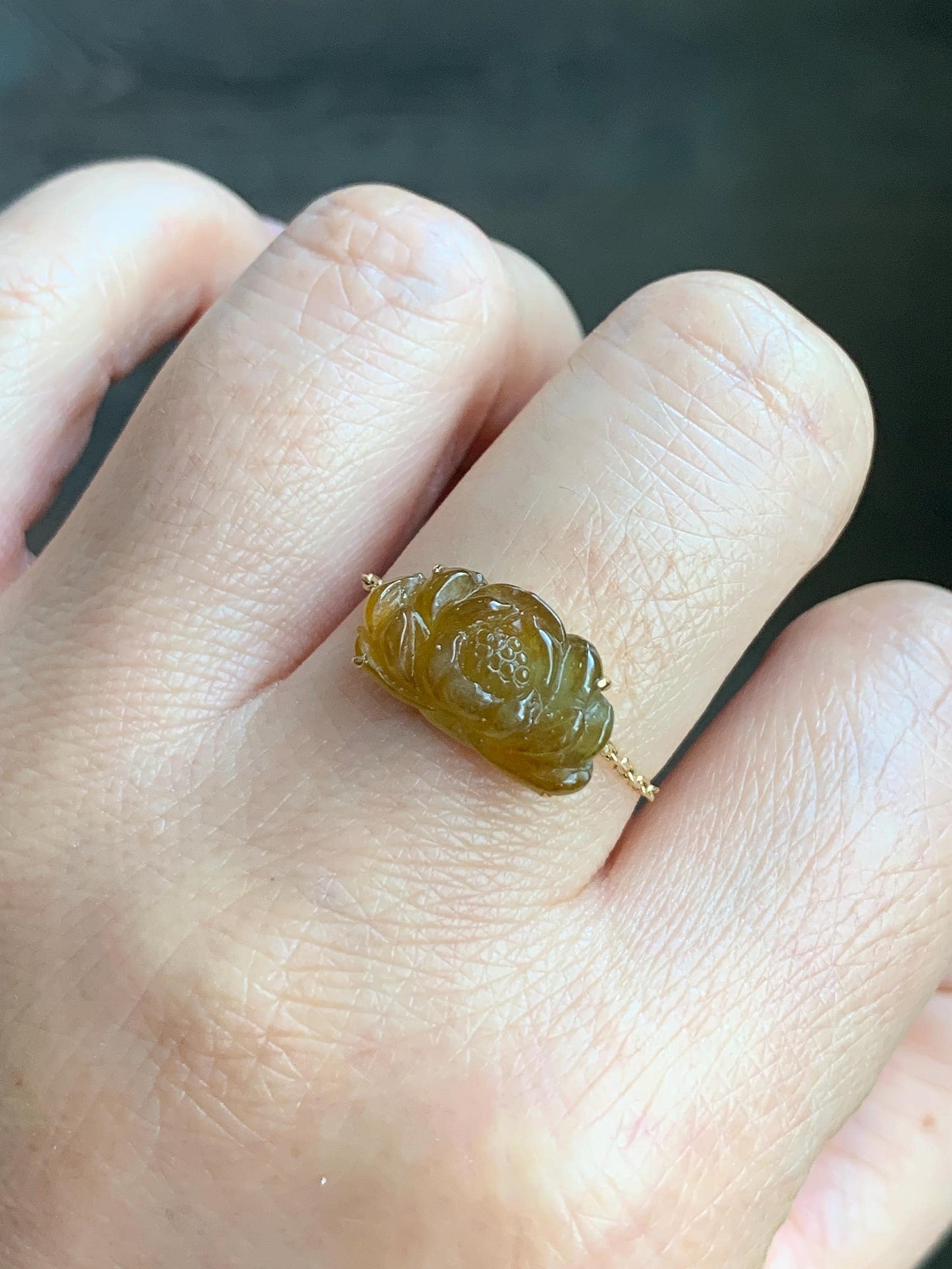 Certified Natural Burmese Icy Highly Translucent Golden Yellow Jadeite Lotus Flower Chain Ring 18K Yellow Gold Adjustable 天然缅甸冰黄翡翠莲花镶嵌戒指 042