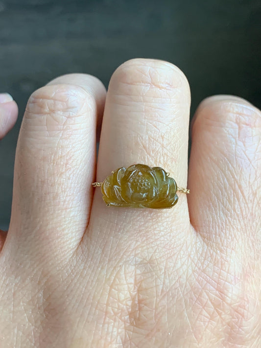 Certified Natural Burmese Icy Highly Translucent Golden Yellow Jadeite Lotus Flower Chain Ring 18K Yellow Gold Adjustable 天然缅甸冰黄翡翠莲花镶嵌戒指 042
