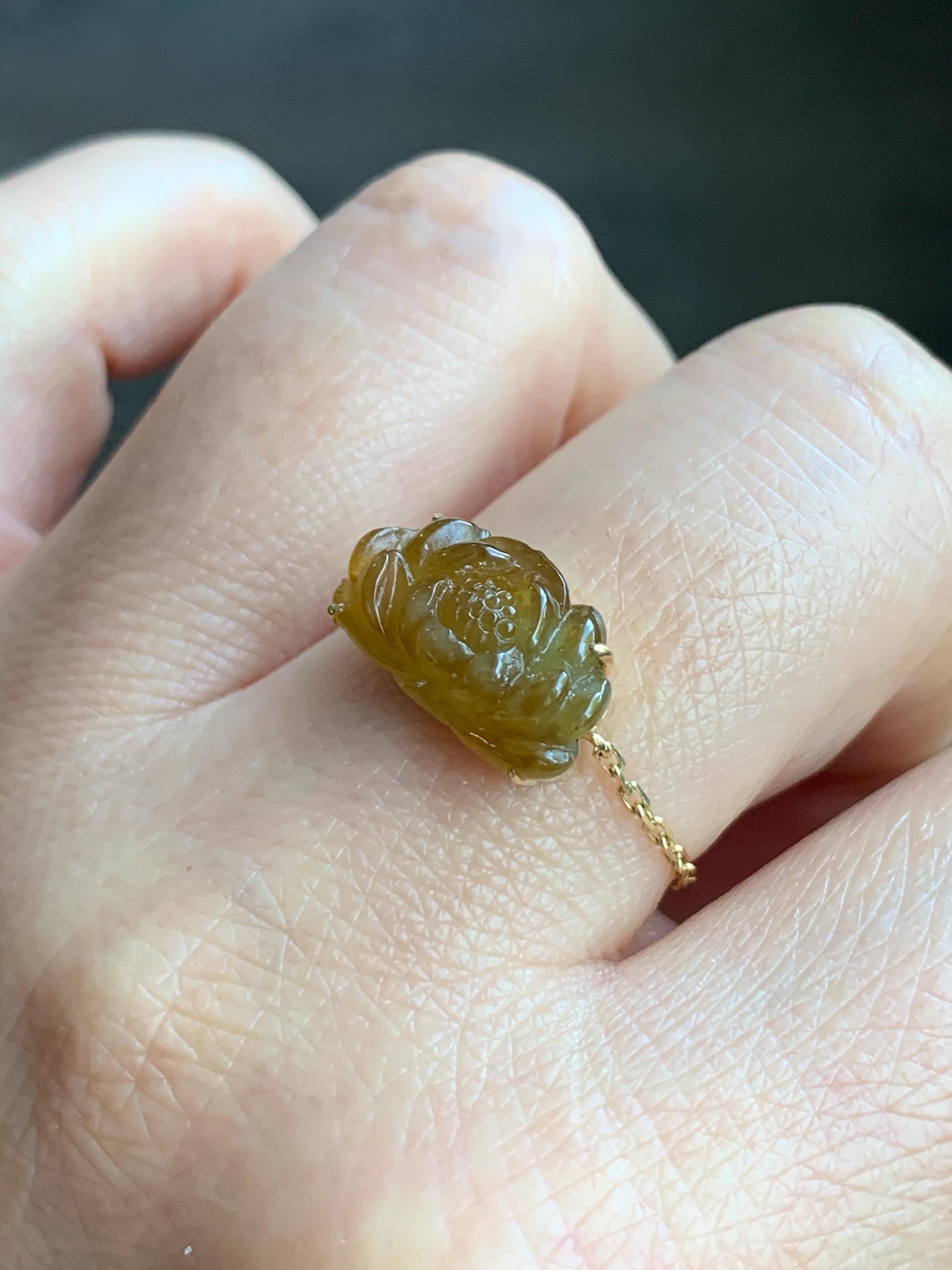 Certified Natural Burmese Icy Highly Translucent Golden Yellow Jadeite Lotus Flower Chain Ring 18K Yellow Gold Adjustable 天然缅甸冰黄翡翠莲花镶嵌戒指 042