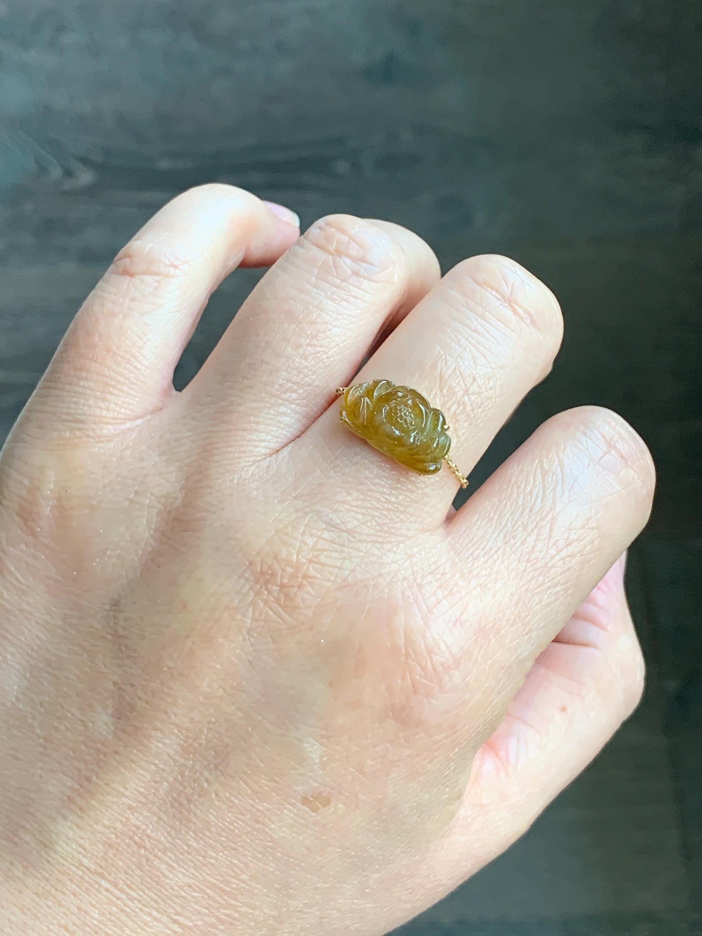 Certified Natural Burmese Icy Highly Translucent Golden Yellow Jadeite Lotus Flower Chain Ring 18K Yellow Gold Adjustable 天然缅甸冰黄翡翠莲花镶嵌戒指 042