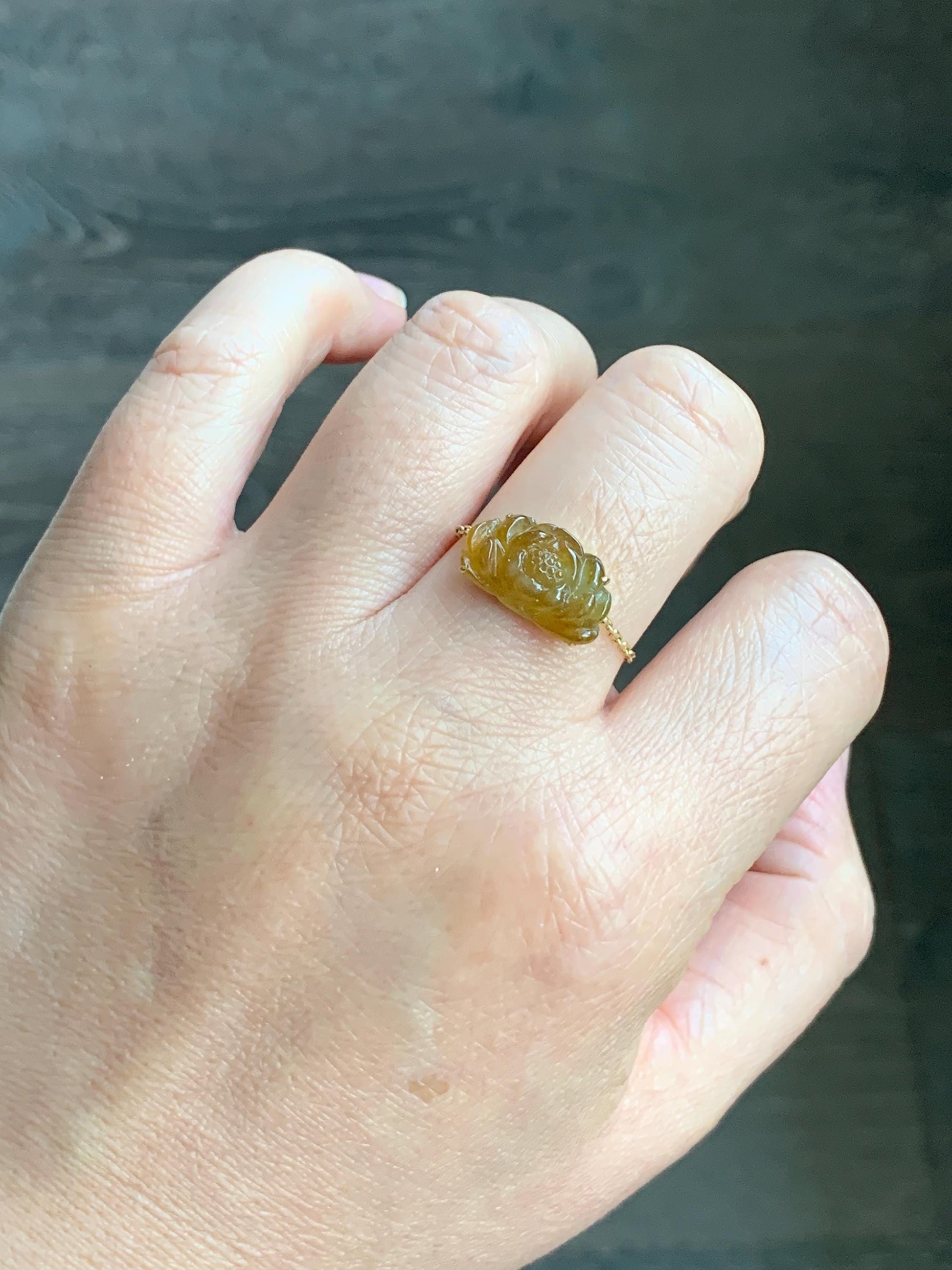 Certified Natural Burmese Icy Highly Translucent Golden Yellow Jadeite Lotus Flower Chain Ring 18K Yellow Gold Adjustable 天然缅甸冰黄翡翠莲花镶嵌戒指 042