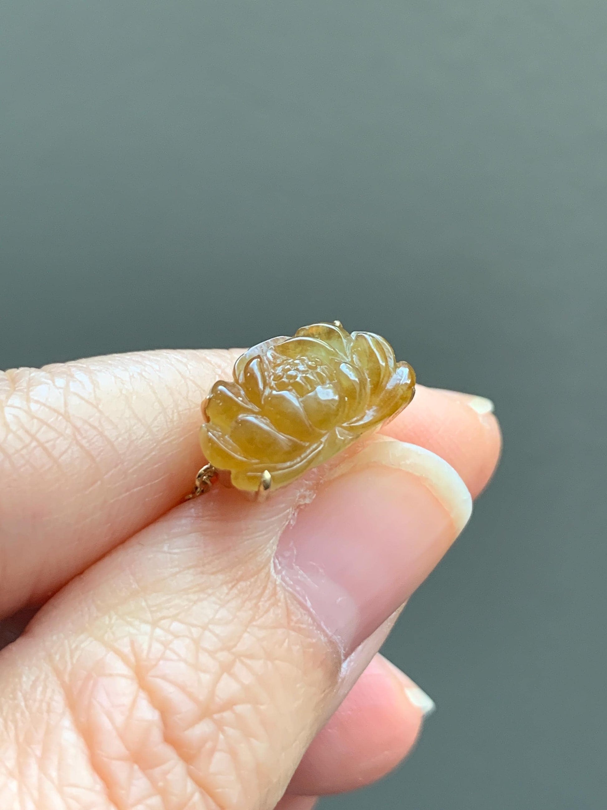 Certified Natural Burmese Icy Highly Translucent Golden Yellow Jadeite Lotus Flower Chain Ring 18K Yellow Gold Adjustable 天然缅甸冰黄翡翠莲花镶嵌戒指 042