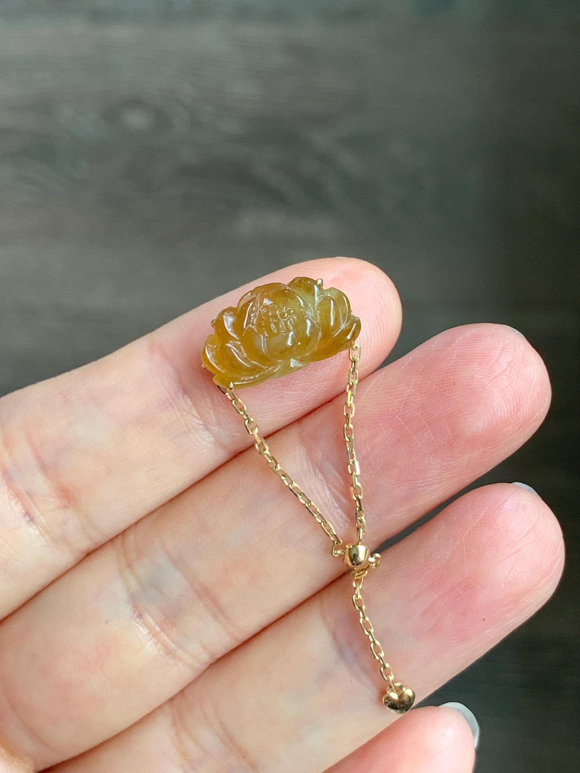 Certified Natural Burmese Icy Highly Translucent Golden Yellow Jadeite Lotus Flower Chain Ring 18K Yellow Gold Adjustable 天然缅甸冰黄翡翠莲花镶嵌戒指 042