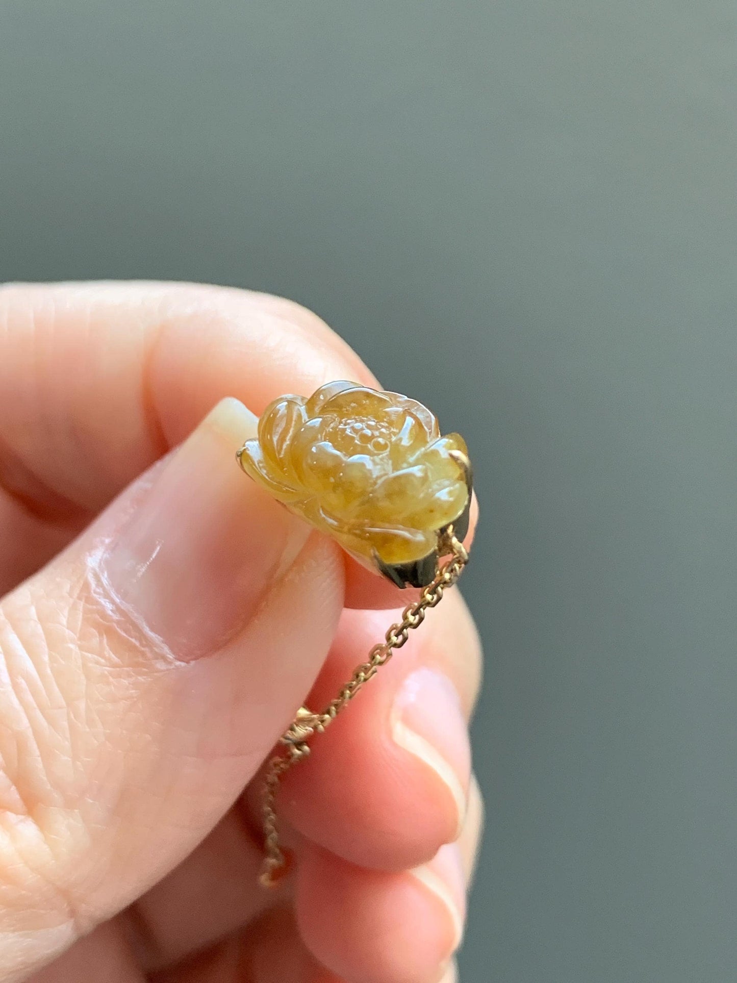 Certified Natural Burmese Icy Highly Translucent Golden Yellow Jadeite Lotus Flower Chain Ring 18K Yellow Gold Adjustable 天然缅甸冰黄翡翠莲花镶嵌戒指 042