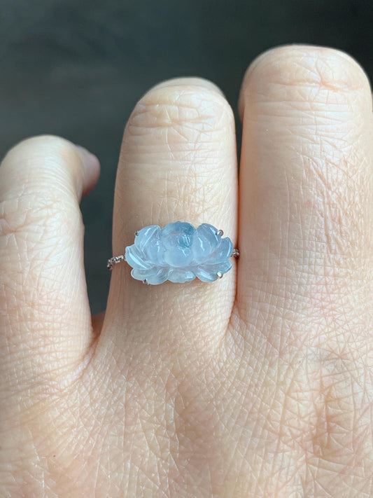 Certified Natural Burmese Icy Highly Translucent White & Teal Blue Jadeite Lotus Flower Chain Ring 18K White Gold Adjustable 天然缅甸冰飘花翡翠莲花镶嵌戒指
