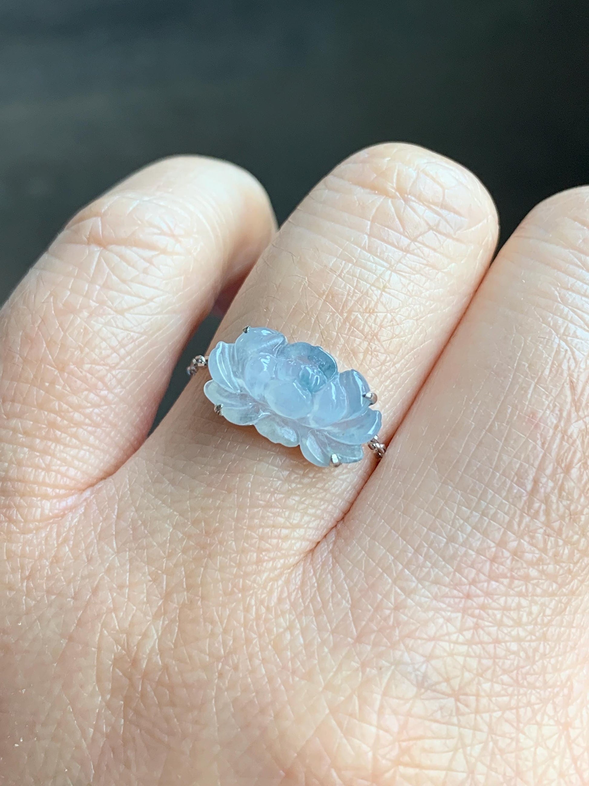 Certified Natural Burmese Icy Highly Translucent White & Teal Blue Jadeite Lotus Flower Chain Ring 18K White Gold Adjustable 天然缅甸冰飘花翡翠莲花镶嵌戒指