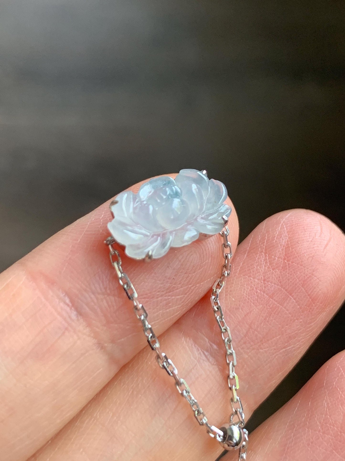 Certified Natural Burmese Icy Highly Translucent White & Teal Blue Jadeite Lotus Flower Chain Ring 18K White Gold Adjustable 天然缅甸冰飘花翡翠莲花镶嵌戒指