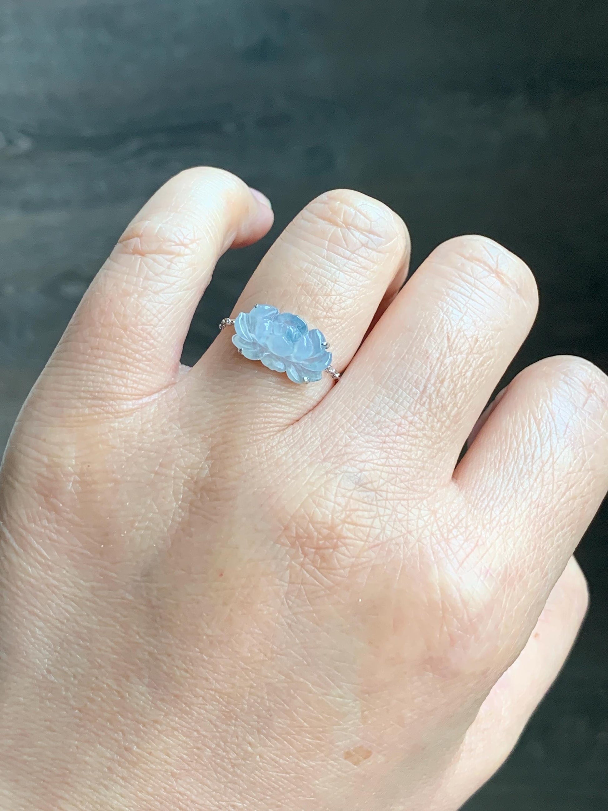 Certified Natural Burmese Icy Highly Translucent White & Teal Blue Jadeite Lotus Flower Chain Ring 18K White Gold Adjustable 天然缅甸冰飘花翡翠莲花镶嵌戒指