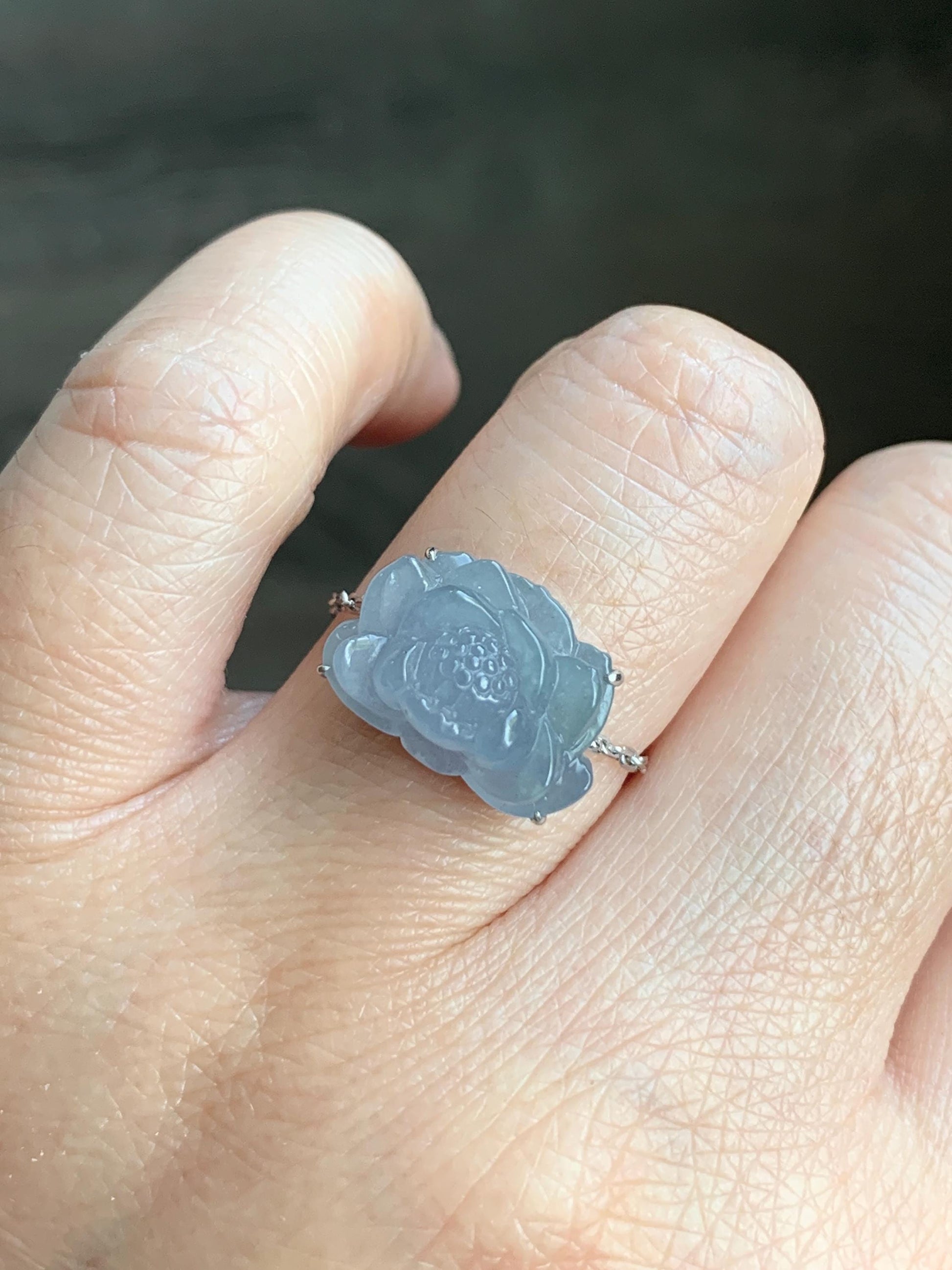 Certified Natural Burmese Icy Translucent Light Purplish Blue Jadeite Lotus Flower Chain Ring 18K White Gold Adjustable 天然缅甸冰淡篮紫翡翠莲花镶嵌戒指