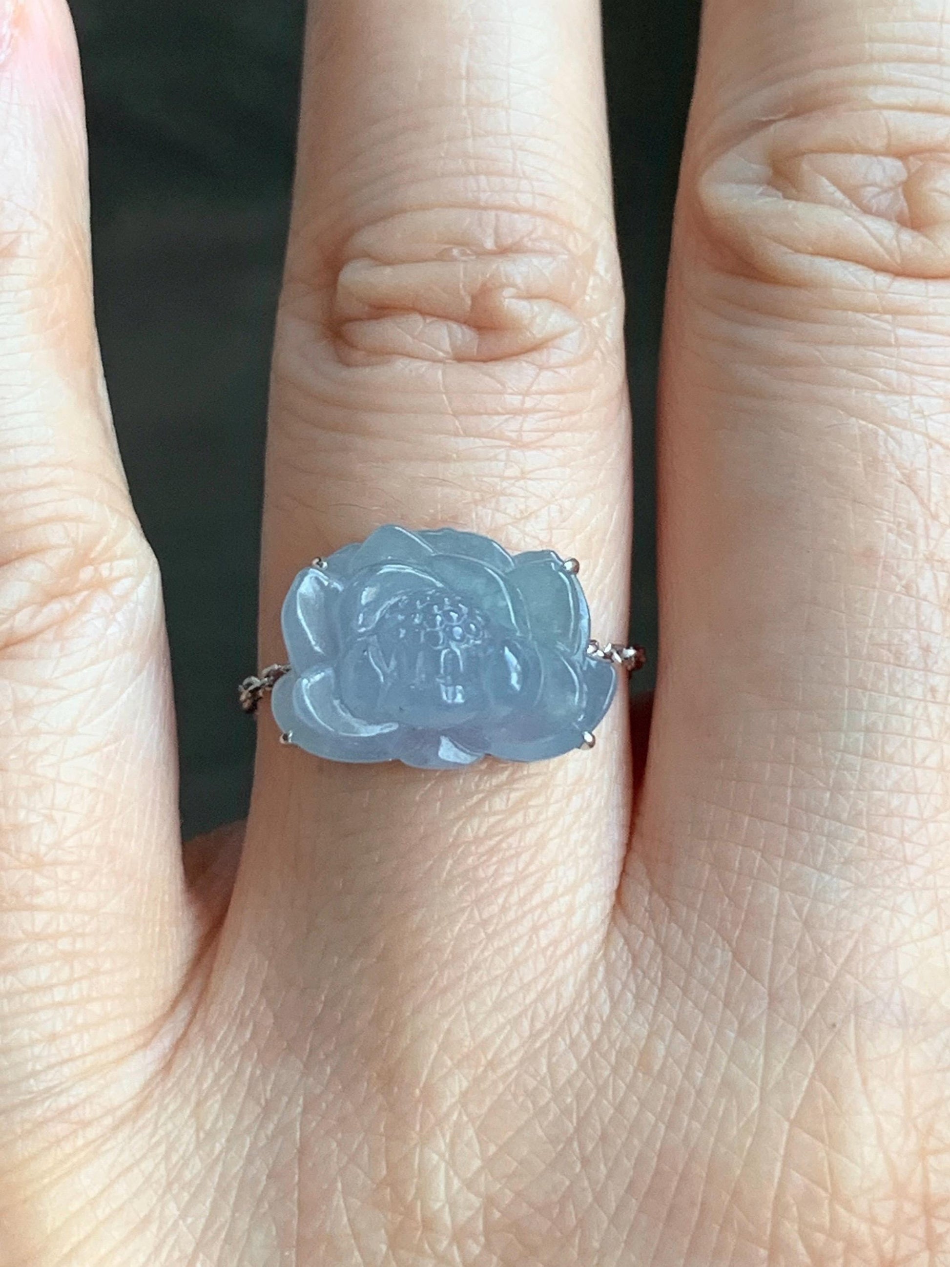 Certified Natural Burmese Icy Translucent Light Purplish Blue Jadeite Lotus Flower Chain Ring 18K White Gold Adjustable 天然缅甸冰淡篮紫翡翠莲花镶嵌戒指