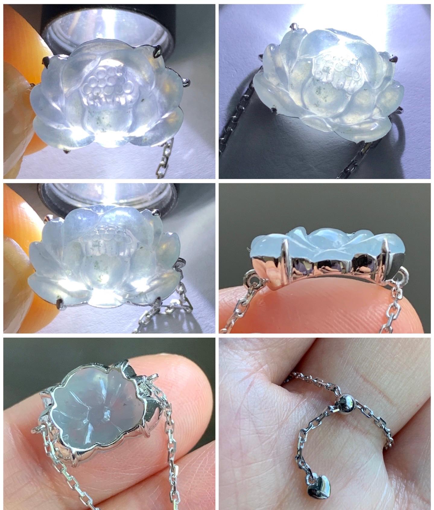 Certified Natural Burmese Icy Translucent Light Dusty Blue Jadeite Lotus Flower Chain Ring 18K White Gold Adjustable 天然缅甸冰淡篮翡翠莲花镶嵌戒指 3039