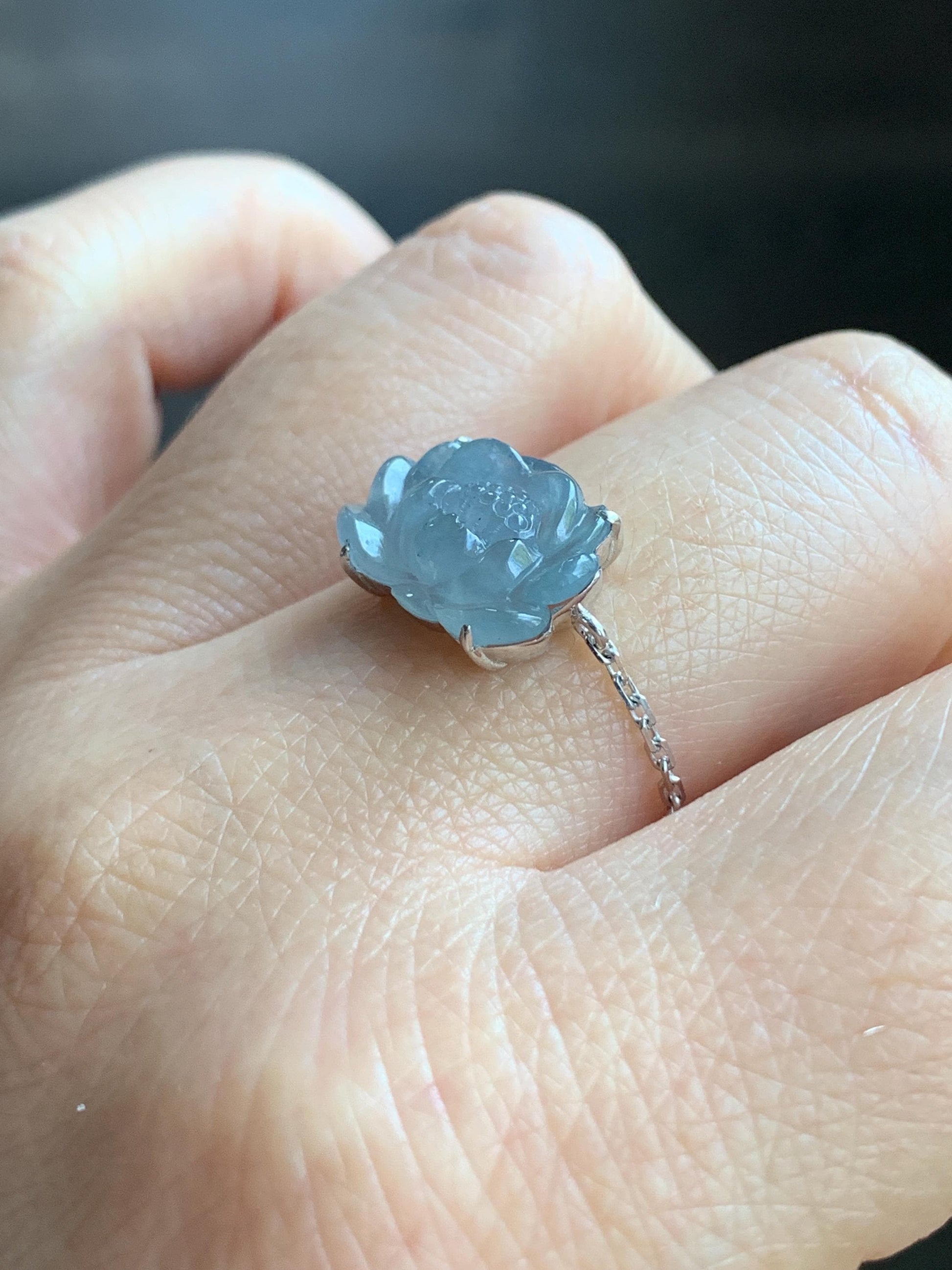 Certified Natural Burmese Icy Translucent Light Dusty Blue Jadeite Lotus Flower Chain Ring 18K White Gold Adjustable 天然缅甸冰淡篮翡翠莲花镶嵌戒指 3039