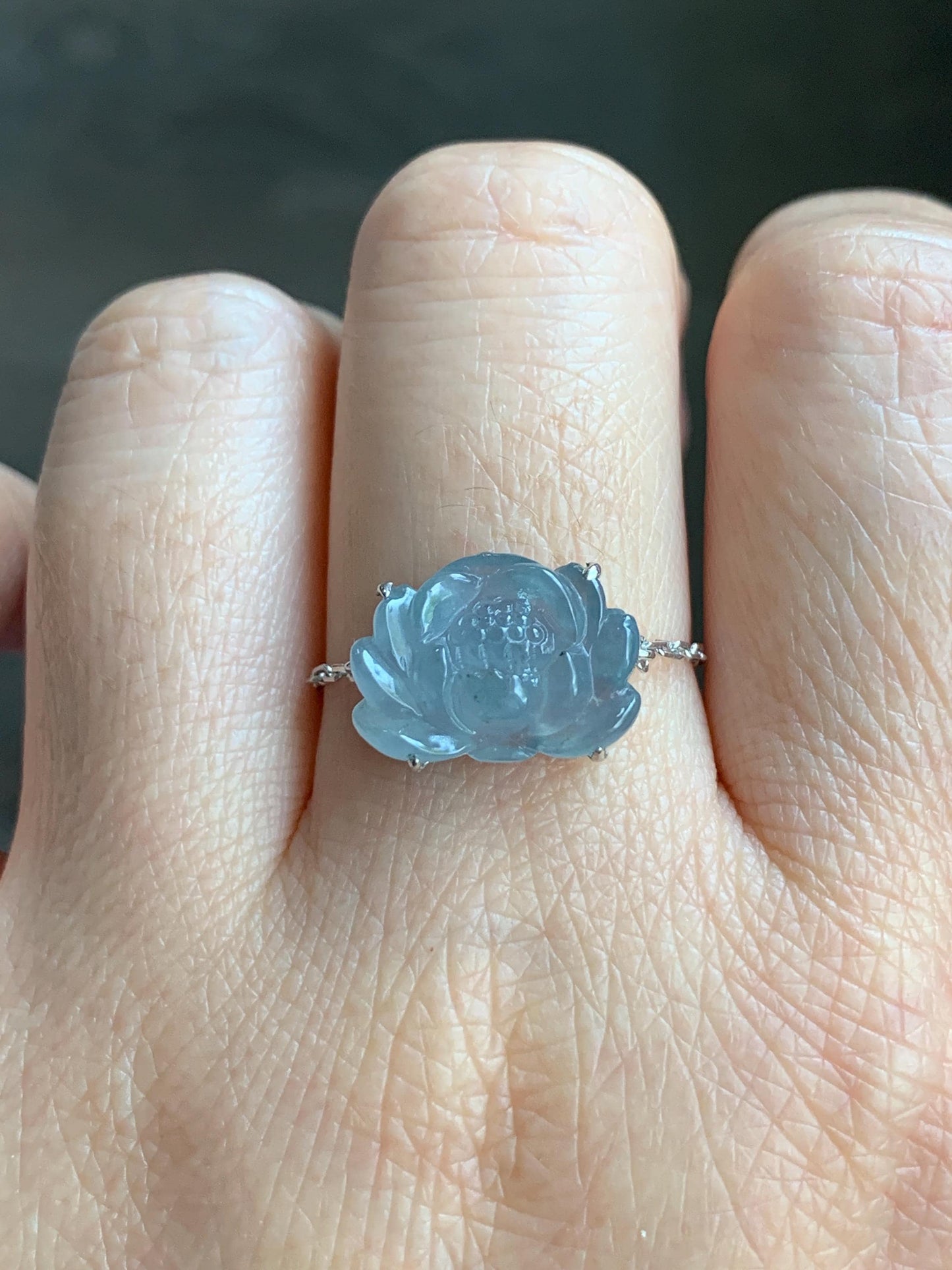 Certified Natural Burmese Icy Translucent Light Dusty Blue Jadeite Lotus Flower Chain Ring 18K White Gold Adjustable 天然缅甸冰淡篮翡翠莲花镶嵌戒指 3039