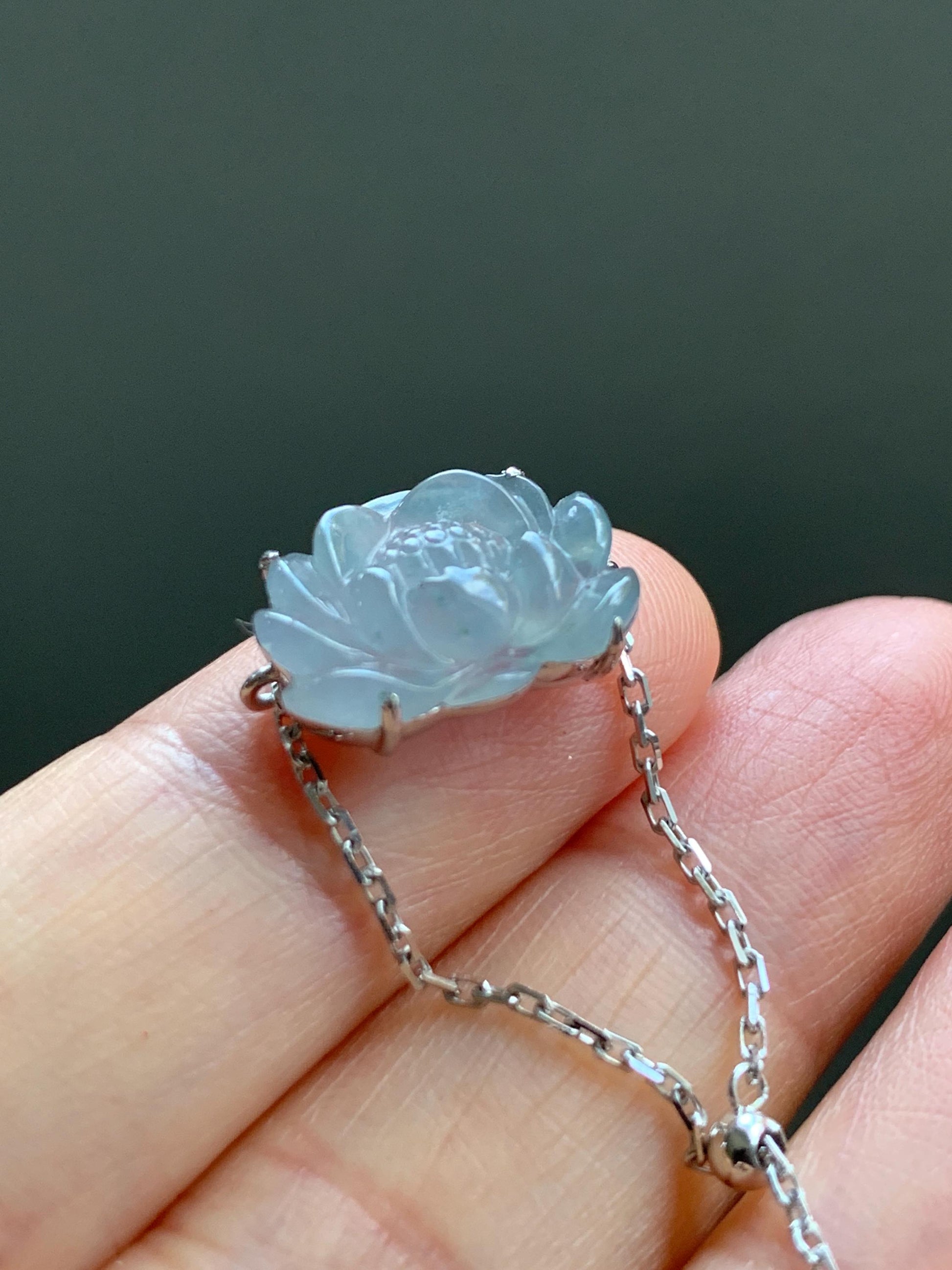 Certified Natural Burmese Icy Translucent Light Dusty Blue Jadeite Lotus Flower Chain Ring 18K White Gold Adjustable 天然缅甸冰淡篮翡翠莲花镶嵌戒指 3039