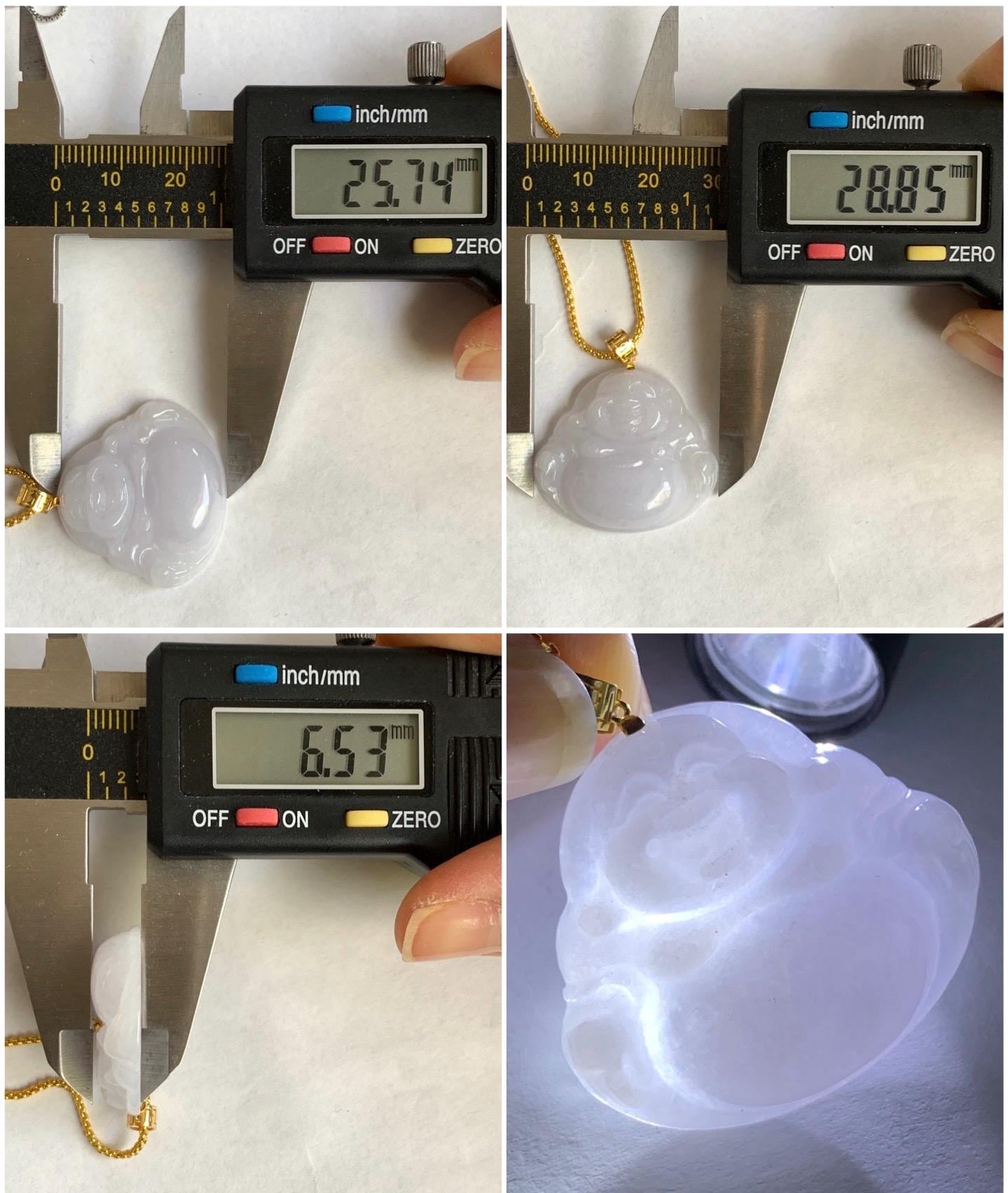 Natural Burmese Icy Translucent White Jadeite Carved Buddha Pendant 18K Yellow Gold Bail 5g 天然缅甸细糯白冰紫底翡翠佛公镶嵌吊坠 B